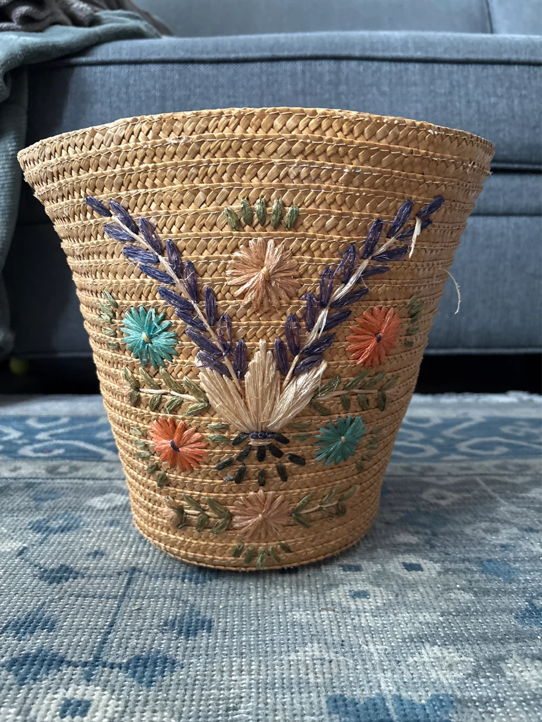 Embroidered Woven Straw Basket