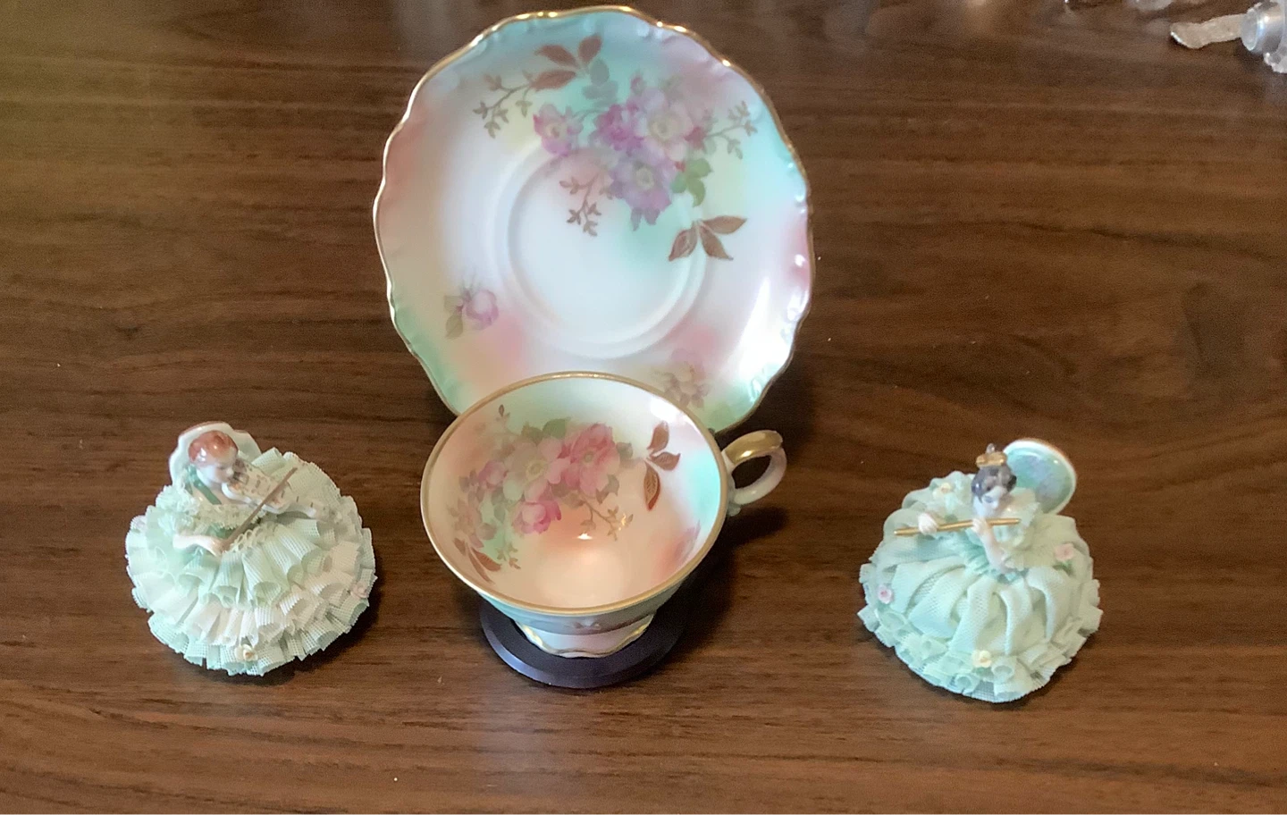 Vintage Teacup, Saucer, and Figurines