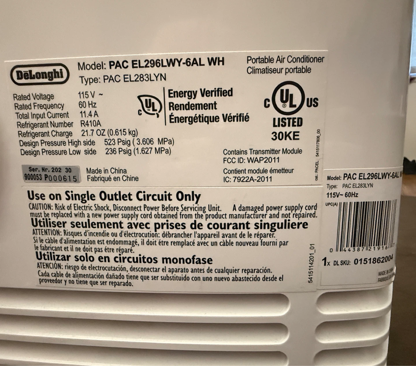 DeLonghi Pinguino Portable Air Conditioner PAC EL296LWY-6AL WH - photo 3