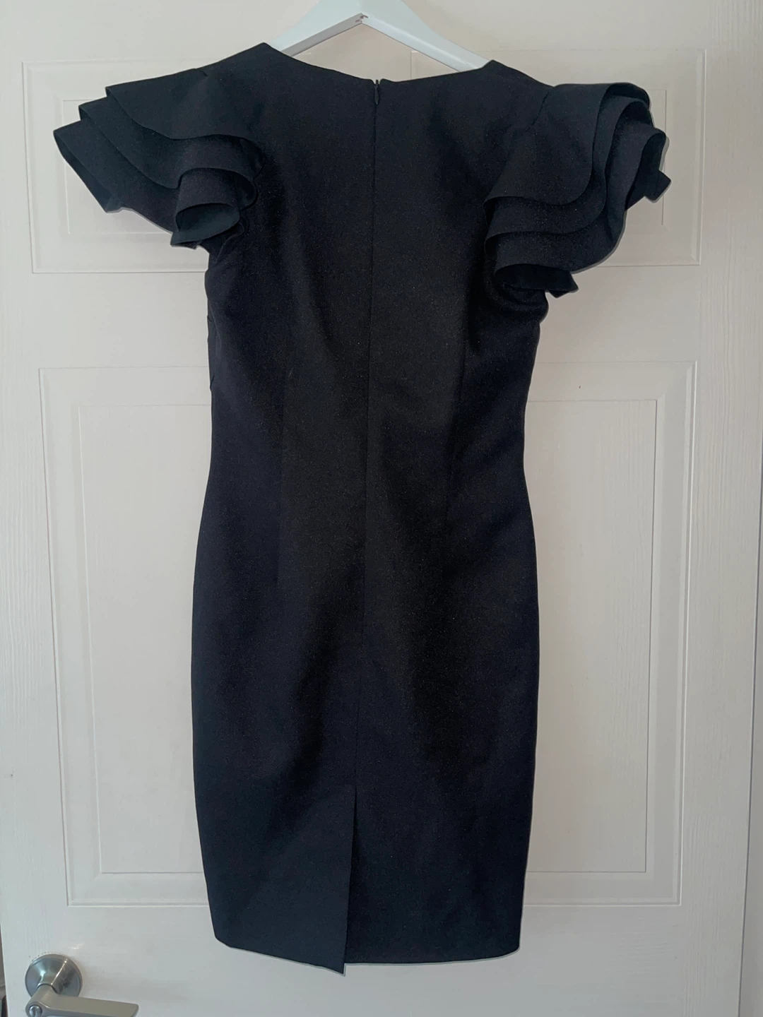 Chic Black V-Neck Sheath Mini Dress with Ruffle Sleeves size 4 - photo 3