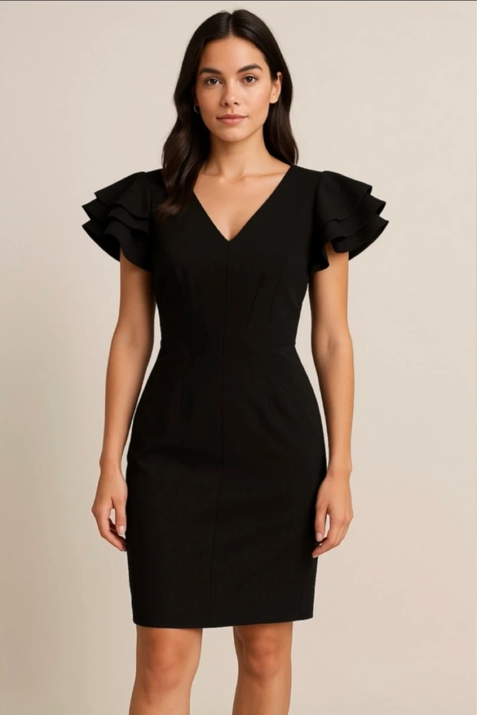 Chic Black V-Neck Sheath Mini Dress with Ruffle Sleeves size 4