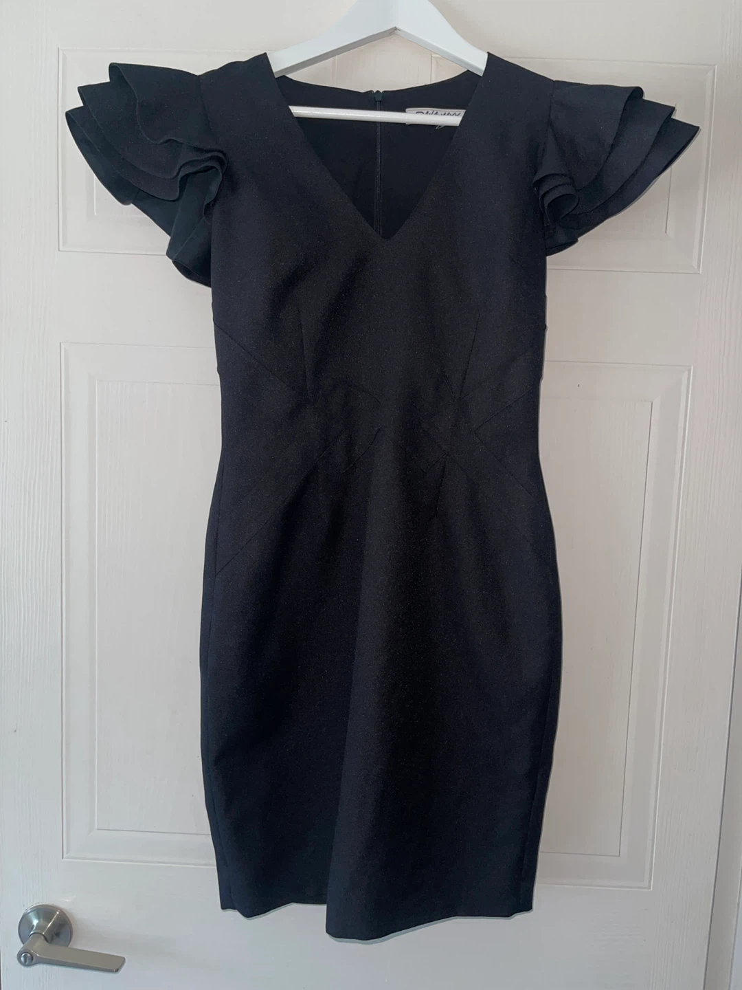 Chic Black V-Neck Sheath Mini Dress with Ruffle Sleeves size 4 - photo 2