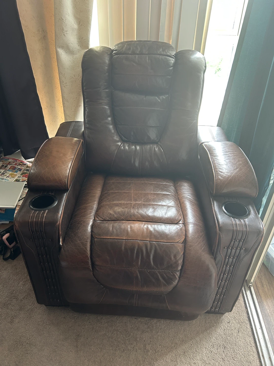Brown Leather Recliner Chair with Cup Holders - photo 2
