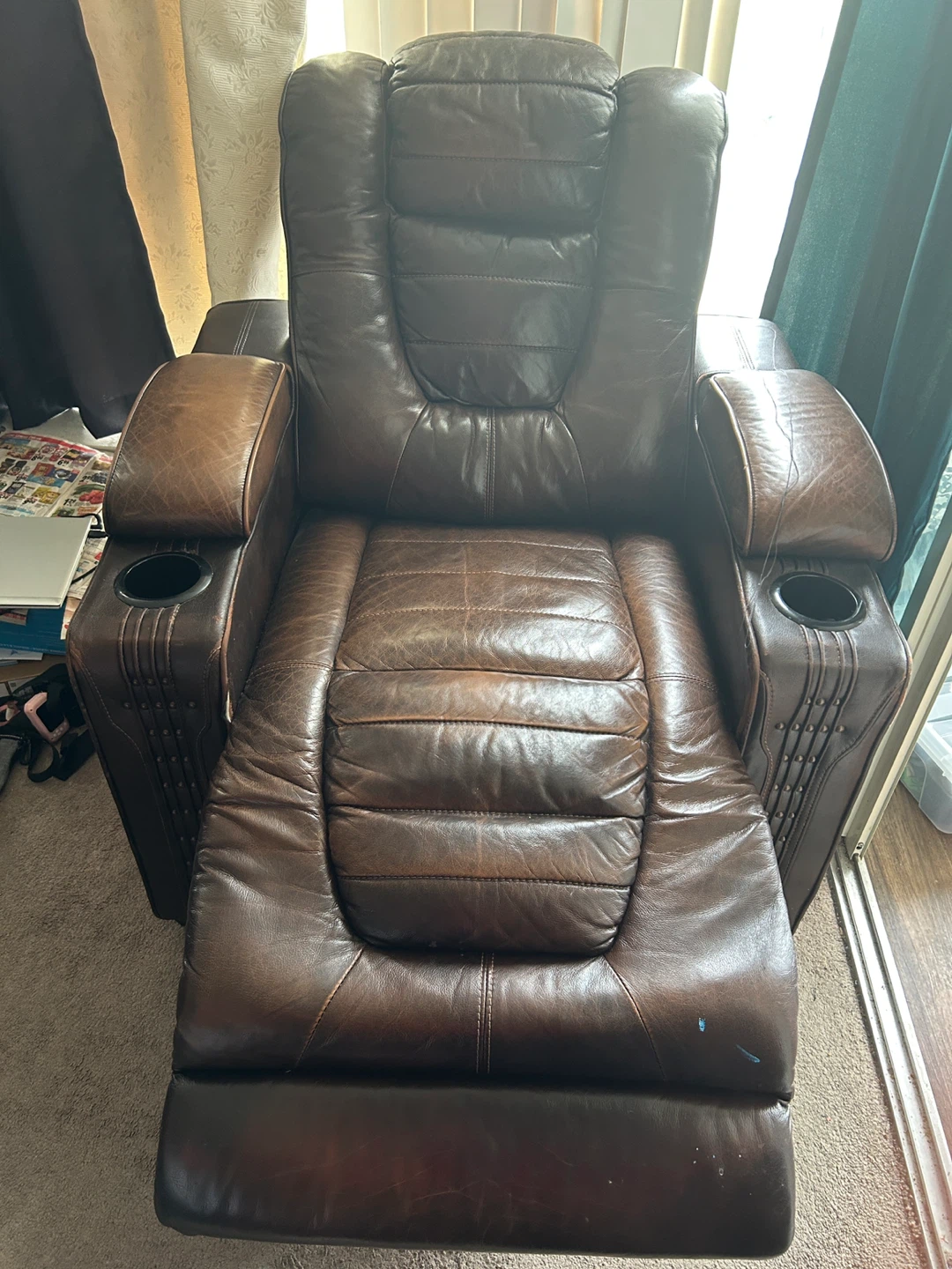 Brown Leather Recliner Chair with Cup Holders