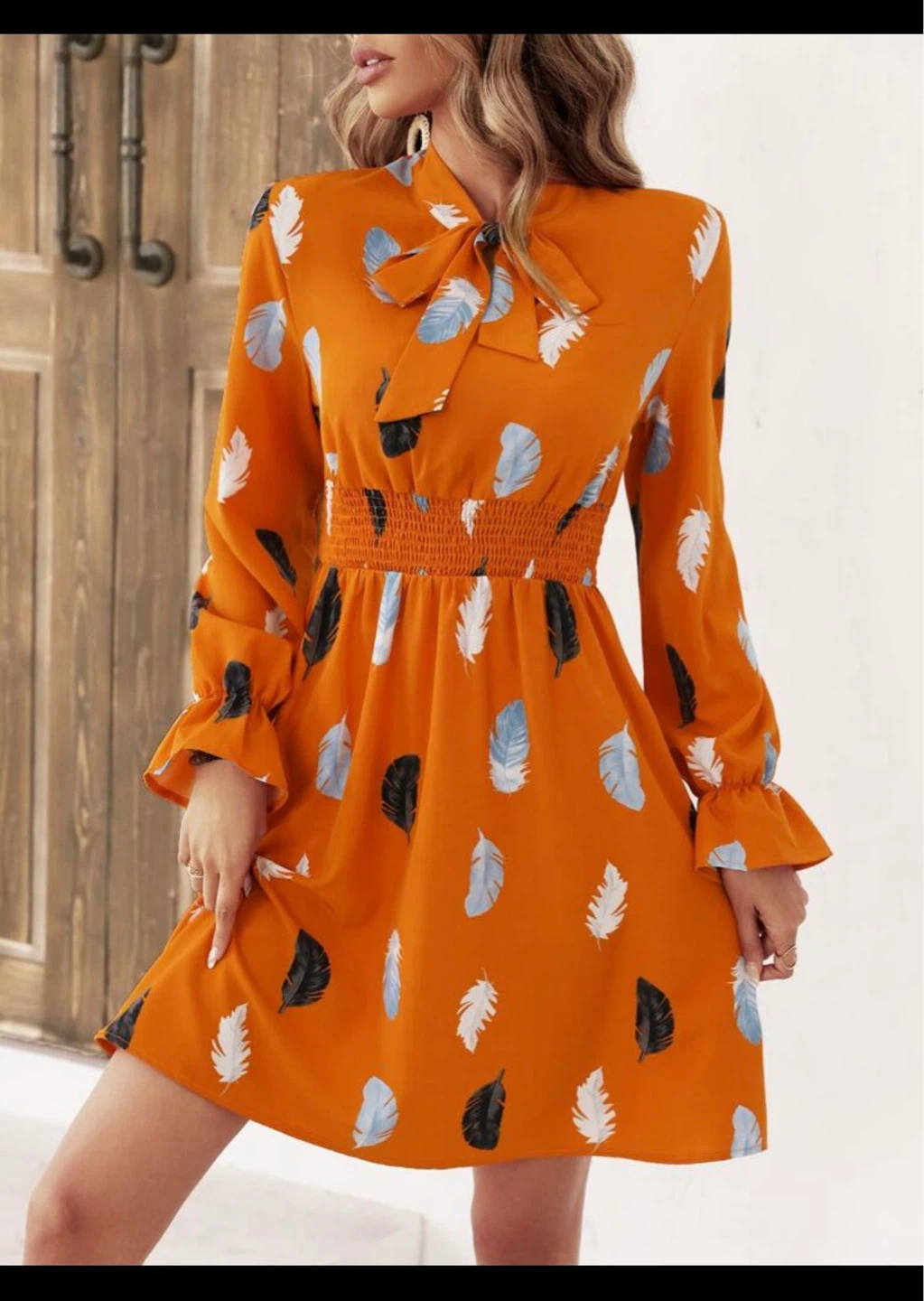 SHEIN Orange Feather Print Dress - Size S
