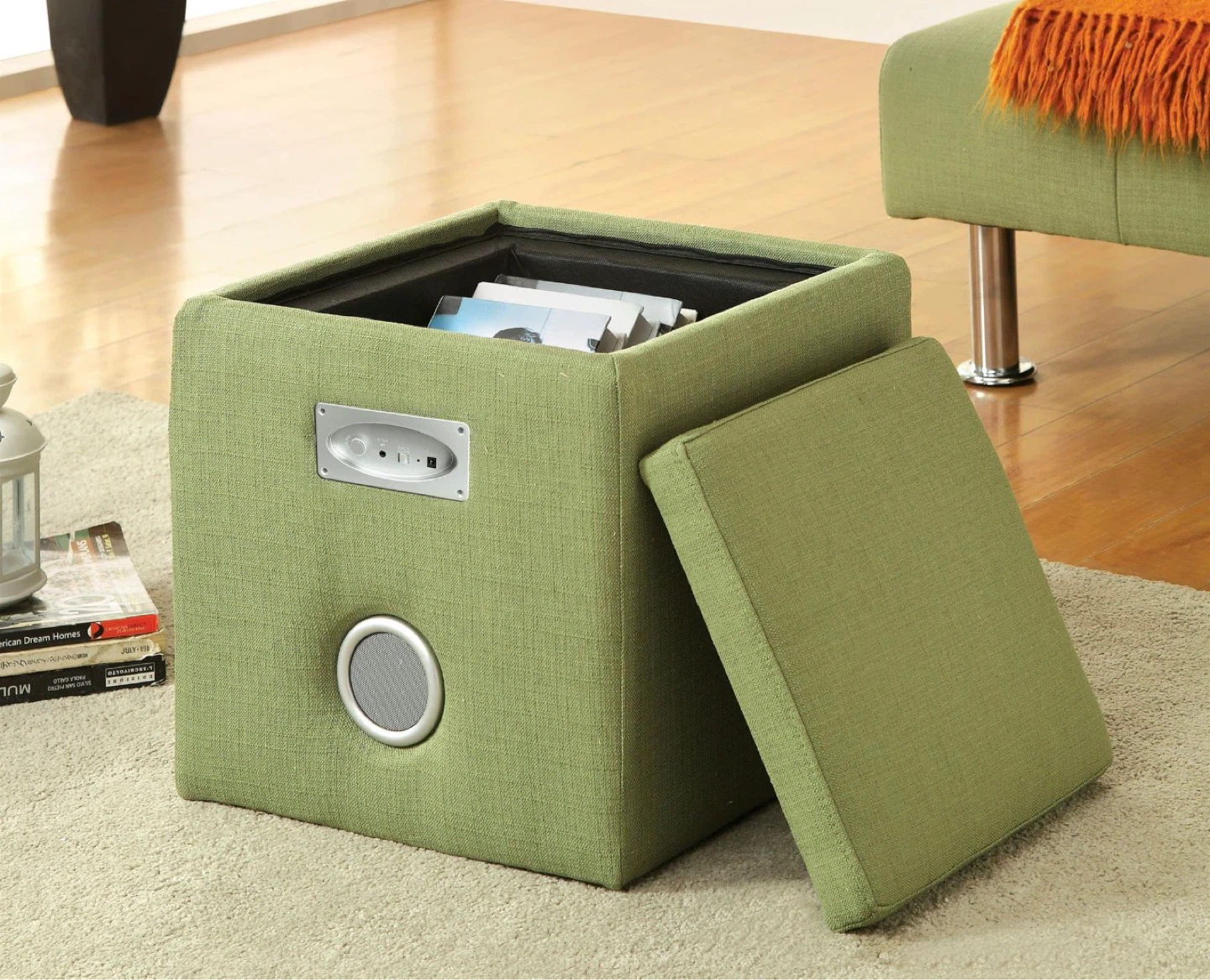 Green Storage Ottoman with Bluetooth Speaker
