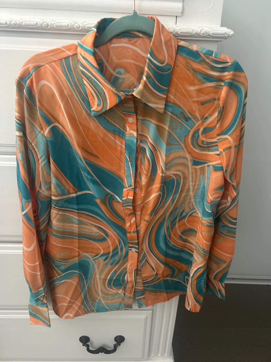 SHEIN Button-Up Shirt Orange/Teal Swirl Print