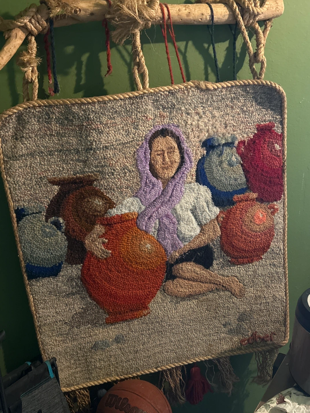 Tapestry Wall Hanging with Woman and Pottery