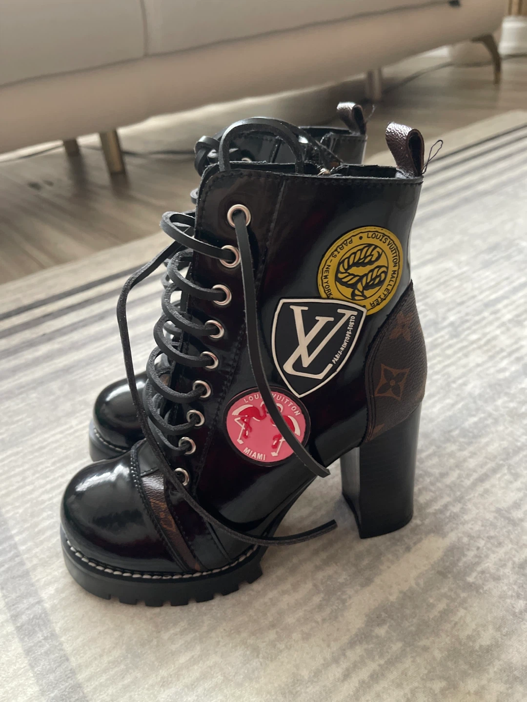 Louis Vuitton Black Patent Leather Lace-Up Boots - photo 5