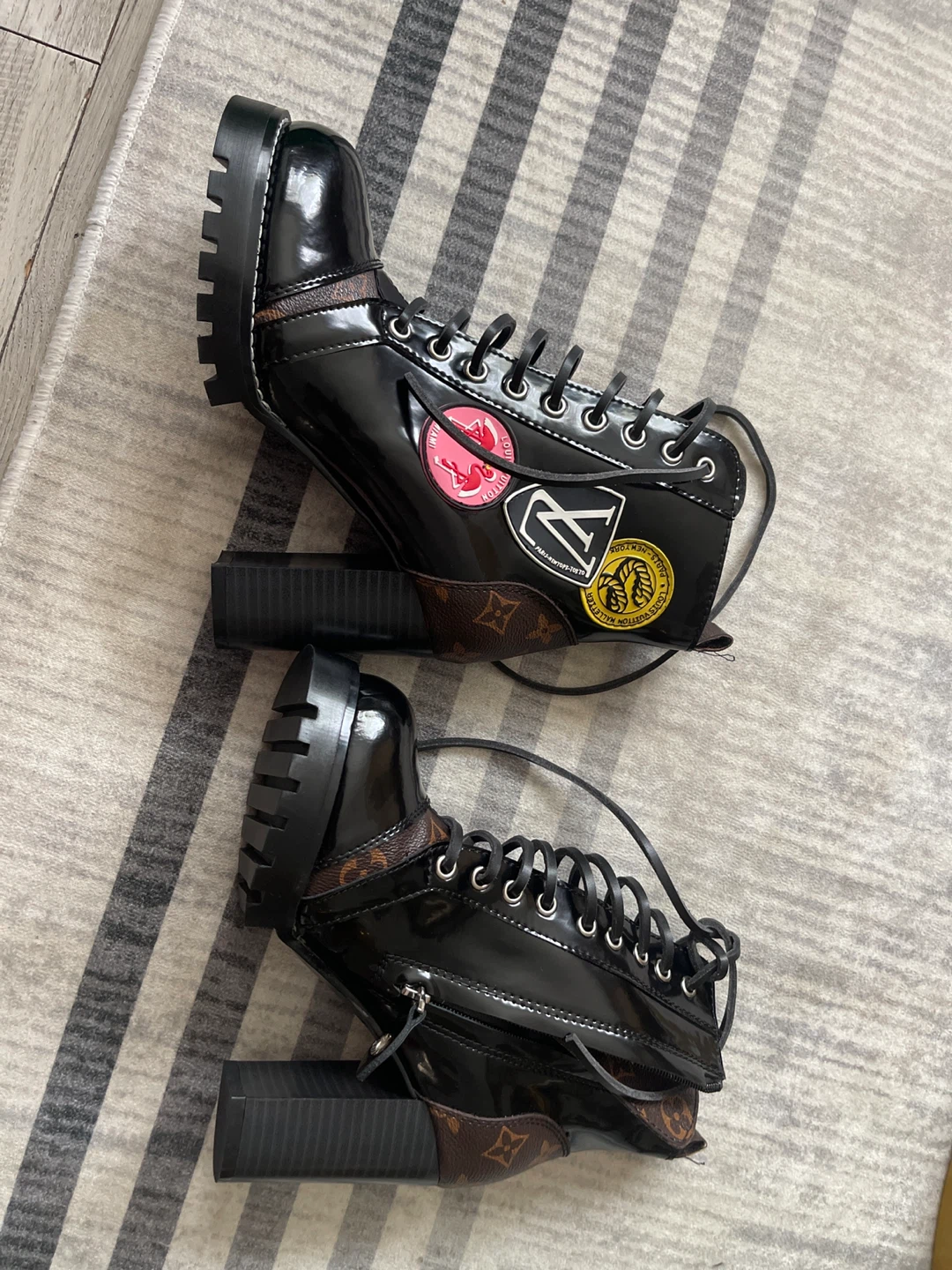 Louis Vuitton Black Patent Leather Lace-Up Boots