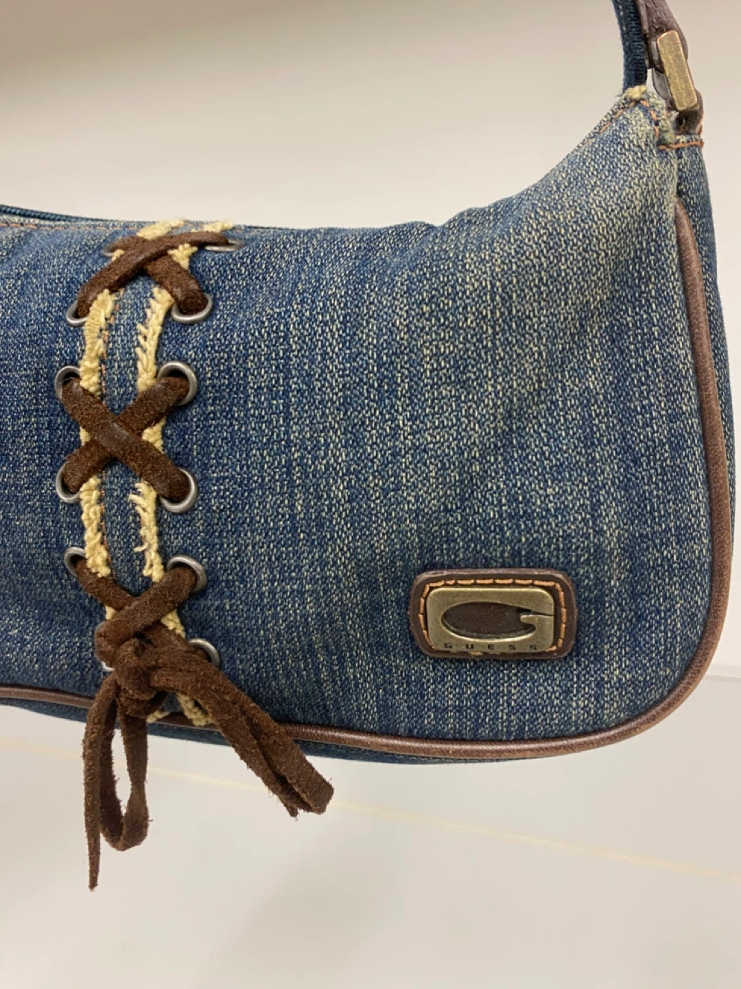 VTG Y2K GUESS Denim Baguette Bag w/ Lace-up Corset Detail - photo 2
