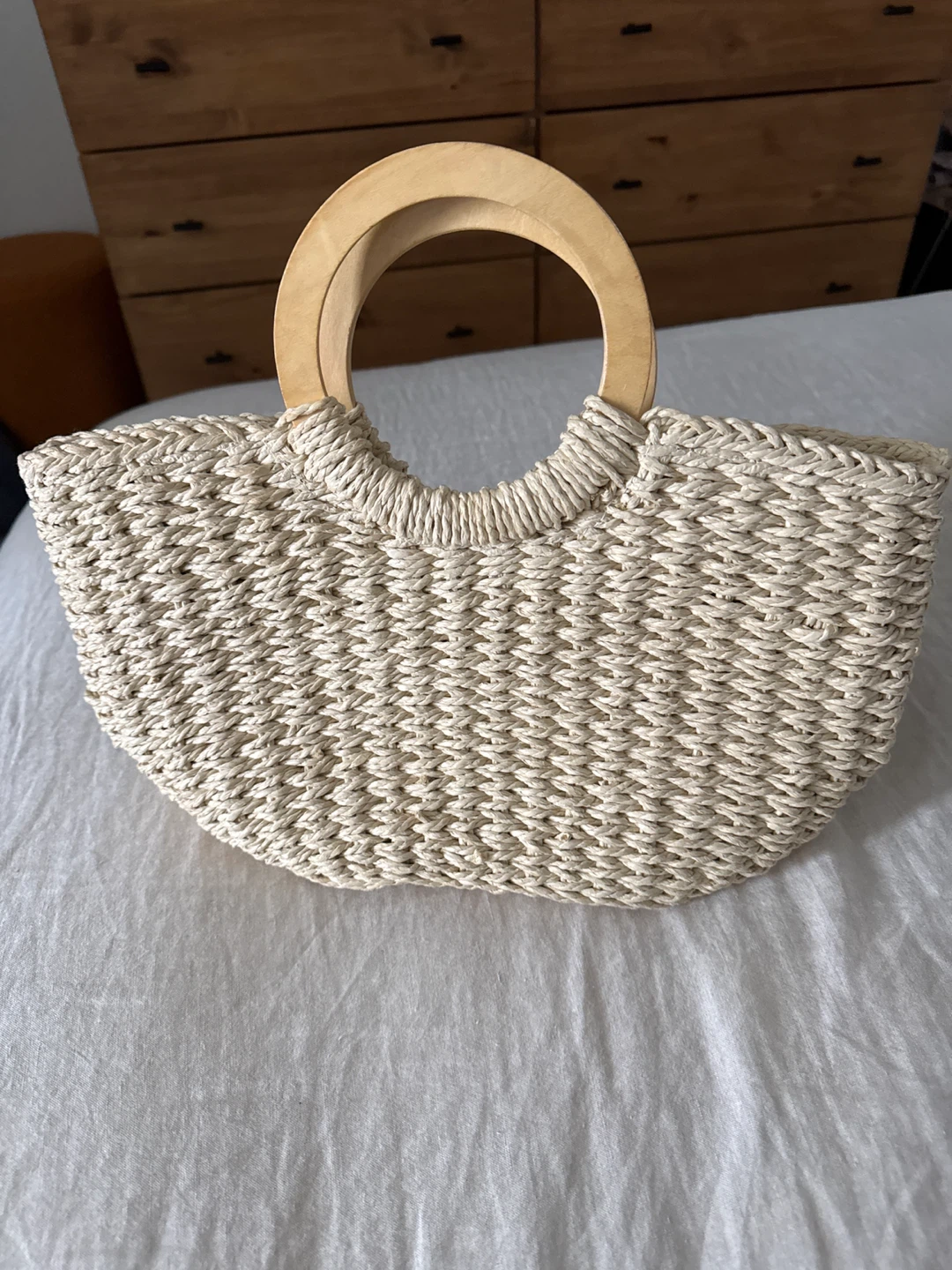 Straw Tote Bag with Wooden Handles
