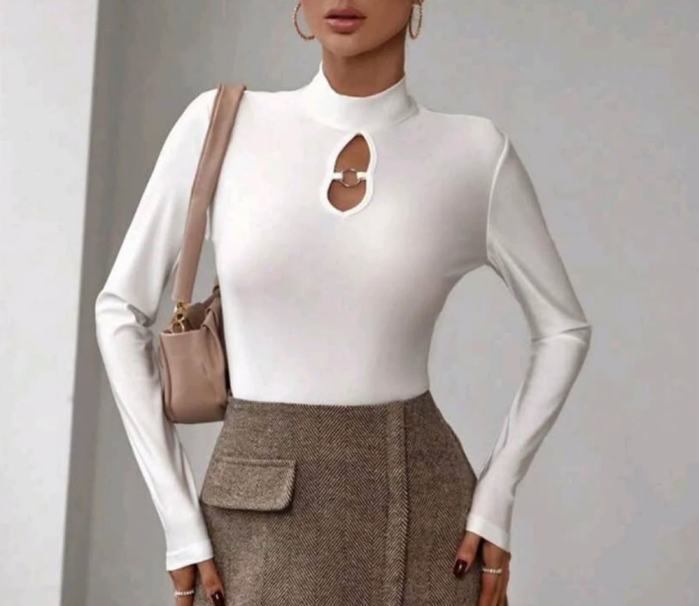 White Mock Neck Top with Ring Detail NEW