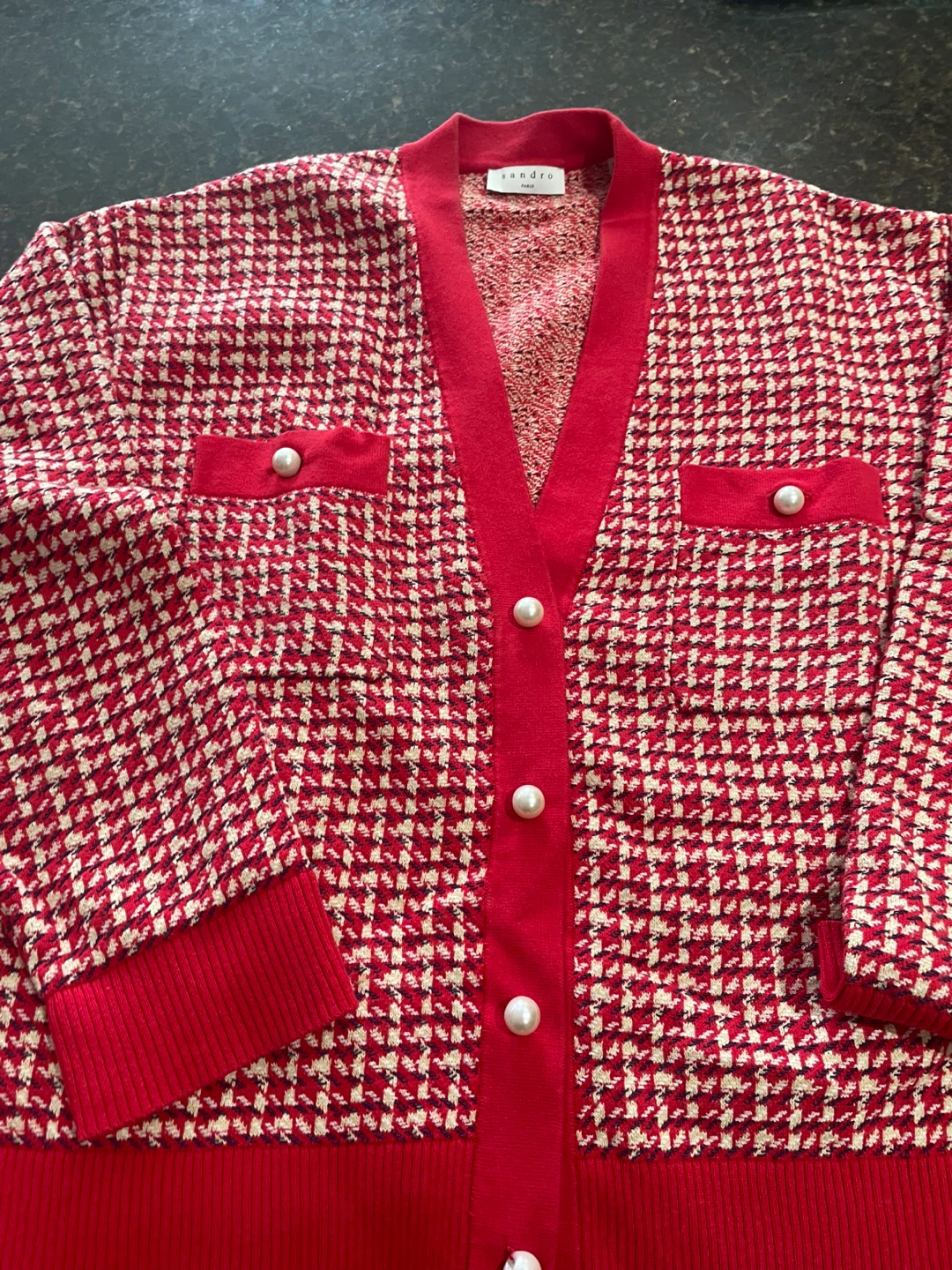 Sandro Paris Red Houndstooth Cardigan with Pearl Buttons