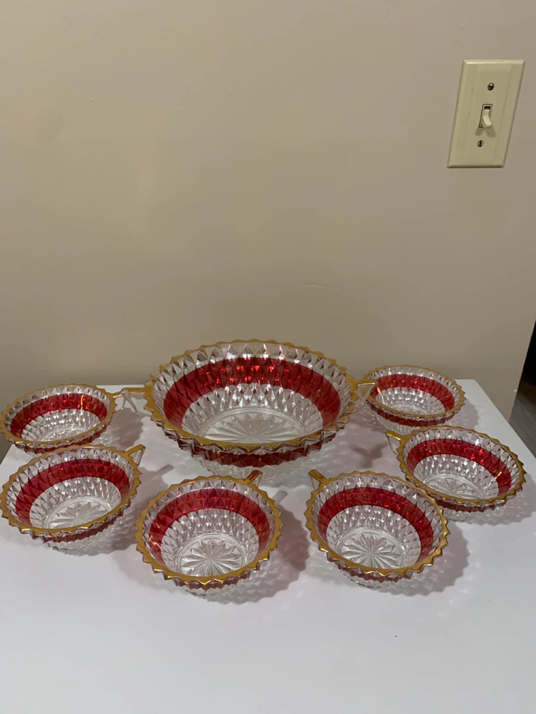 Glass Serving Bowl Set with Red and Gold Trim