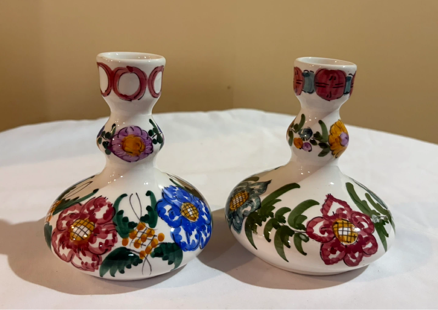 Pair of Vintage Antique Handmade Floral Candlesticks
