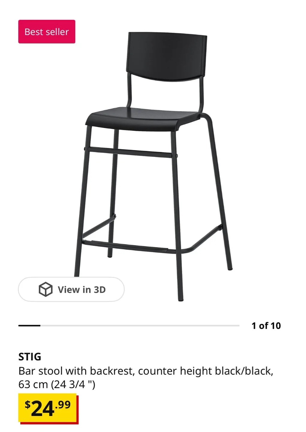 Set of 2 IKEA STIG bar stools with backrest in black. - photo 3