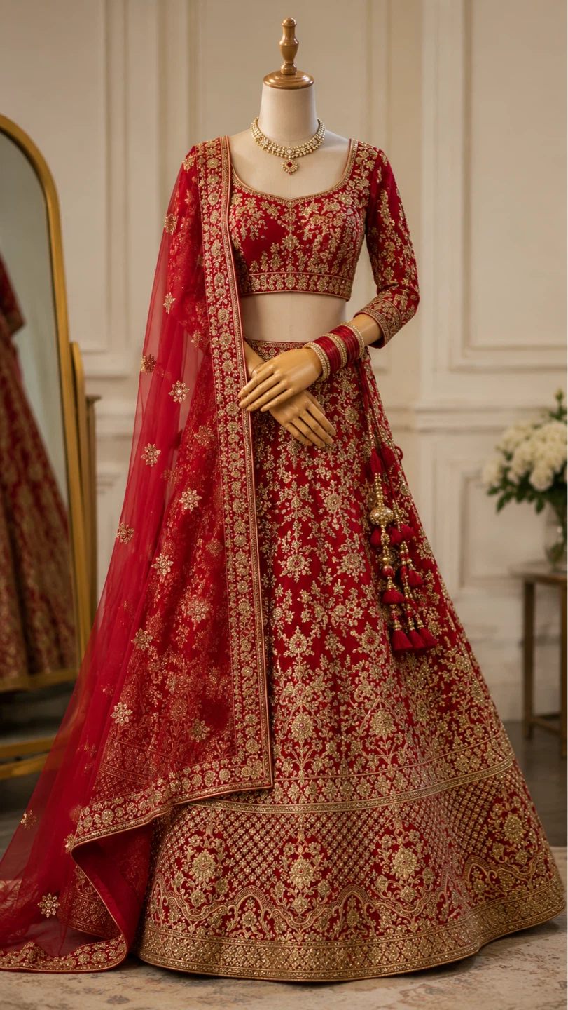 Beautiful Red and Gold Embellished Lehenga Choli Set