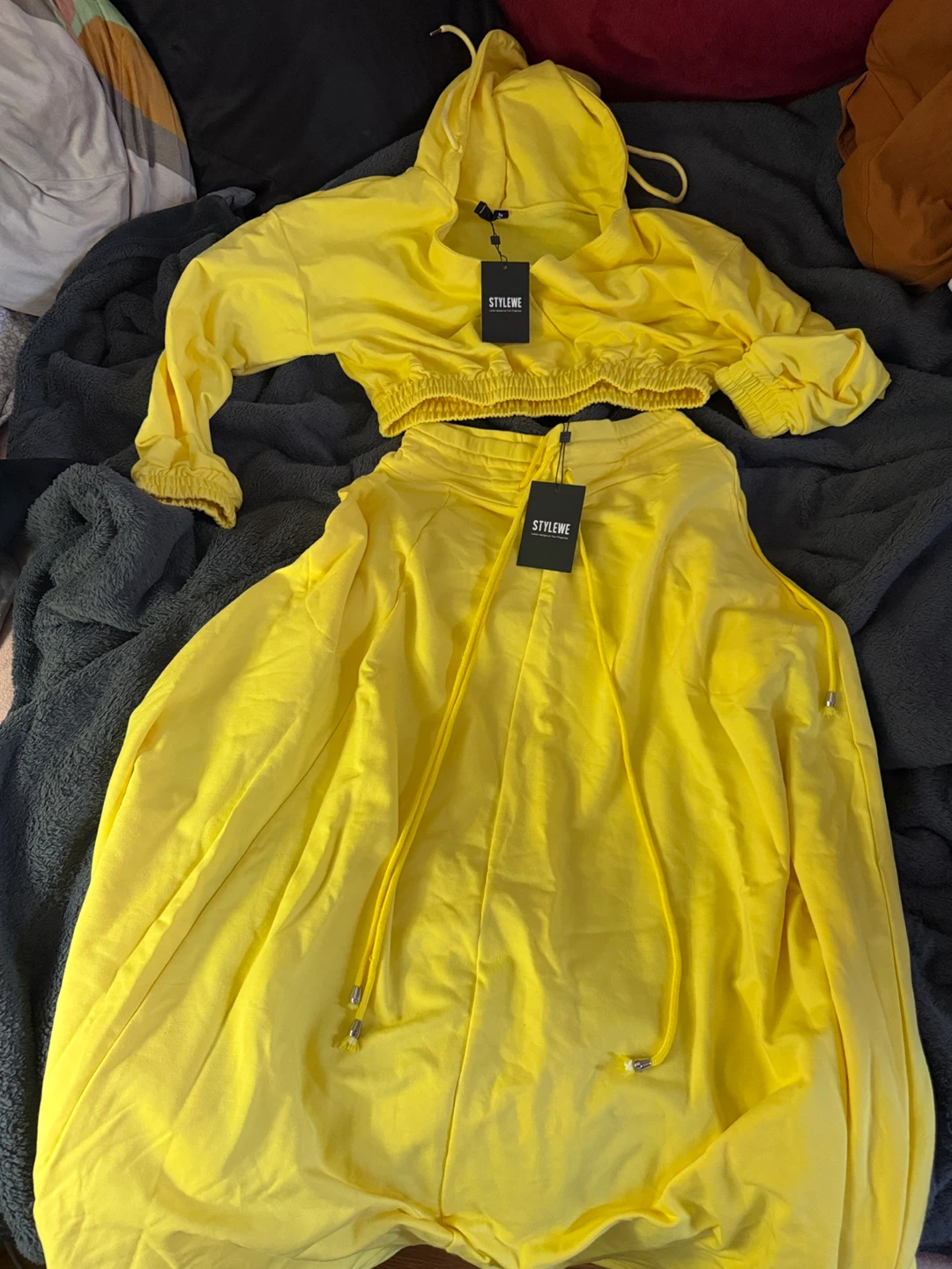 STYLEWE Yellow Cropped Hoodie and Wide Leg Pants Set