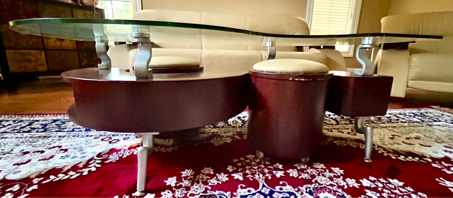 Unique Yin Yang Glass Top Coffee Table with Swivel Stools - photo 3