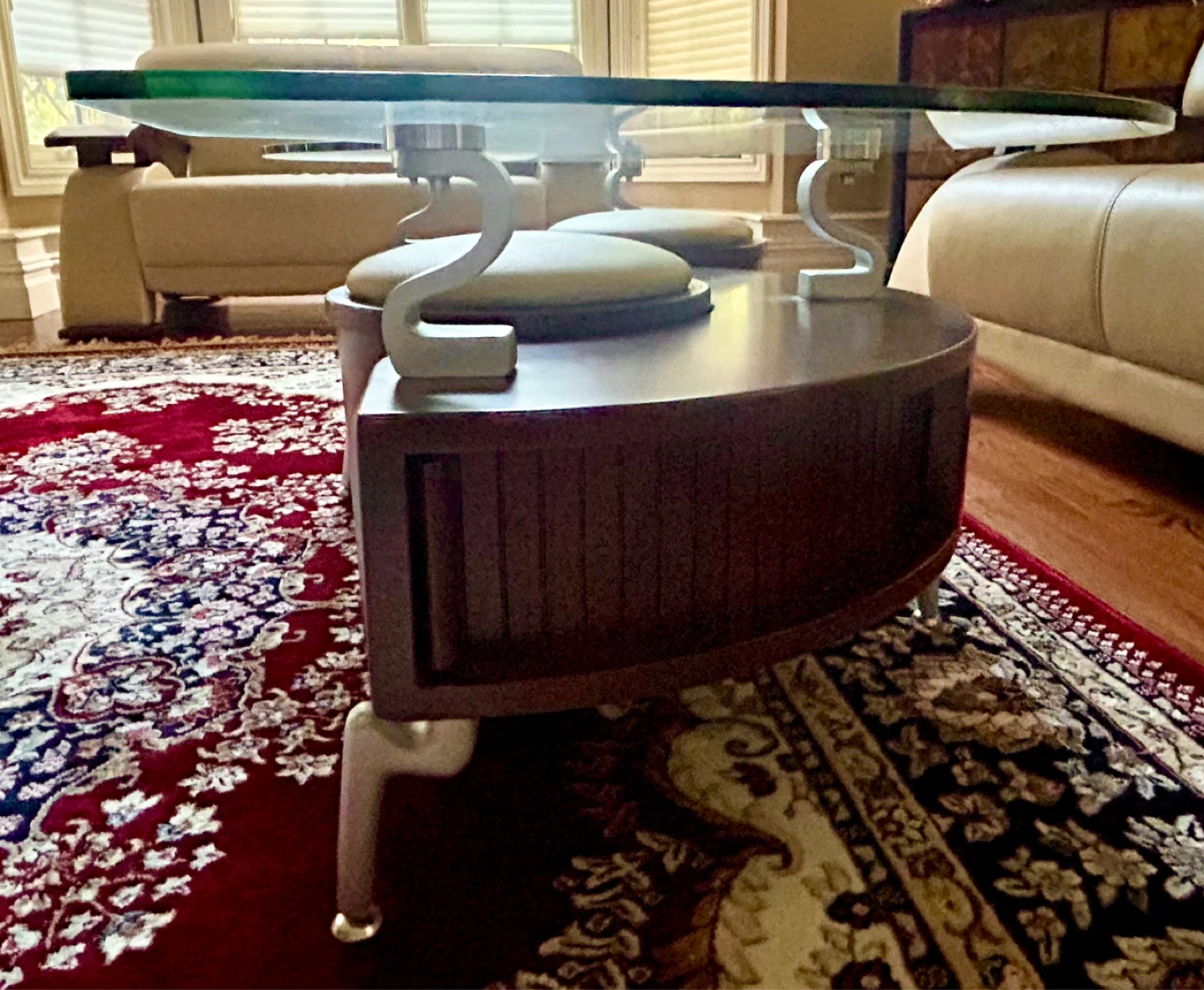 Unique Yin Yang Glass Top Coffee Table with Swivel Stools - photo 4