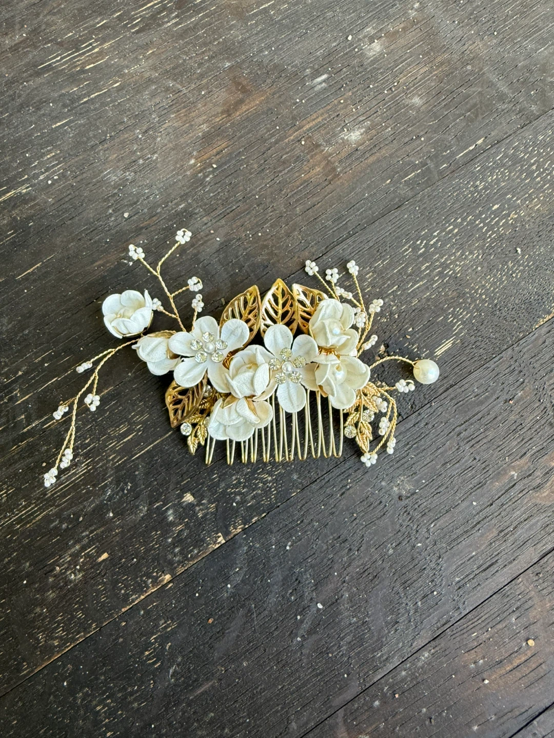 White Floral Hair Comb with Gold Leaves and Rhinestones