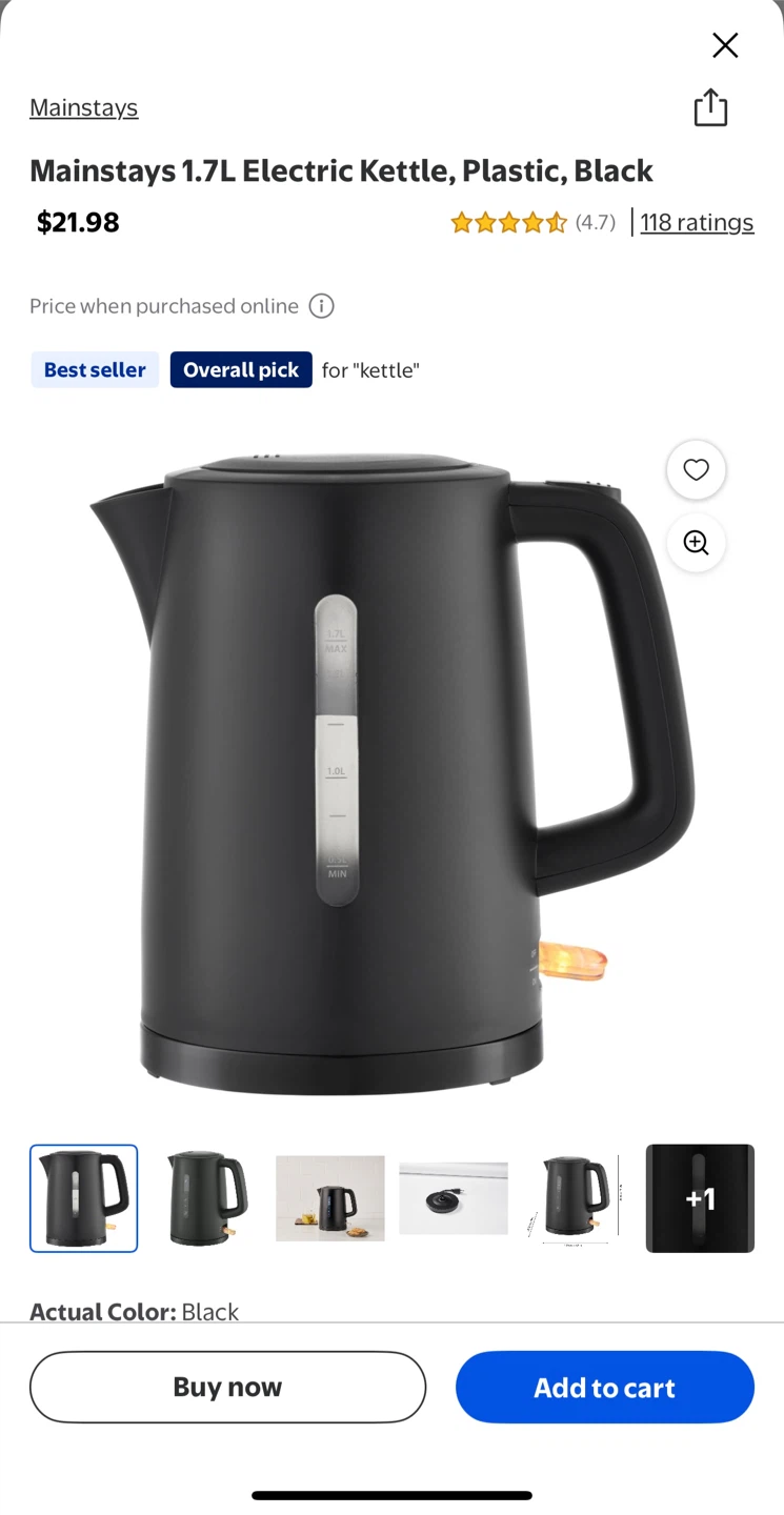 Mainstays 1.7L Electric Kettle, Black
