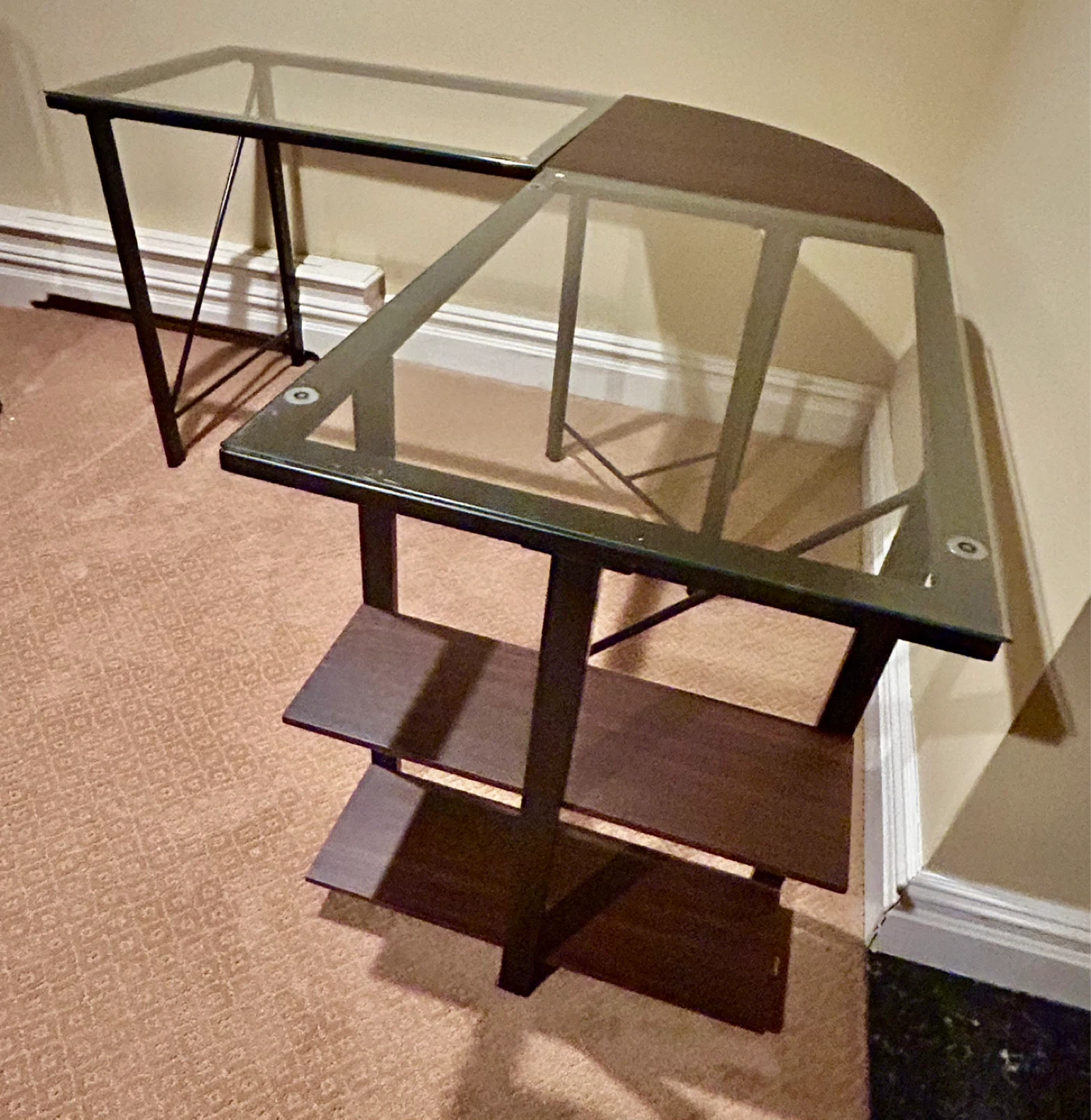Glass Corner Desk with Shelves