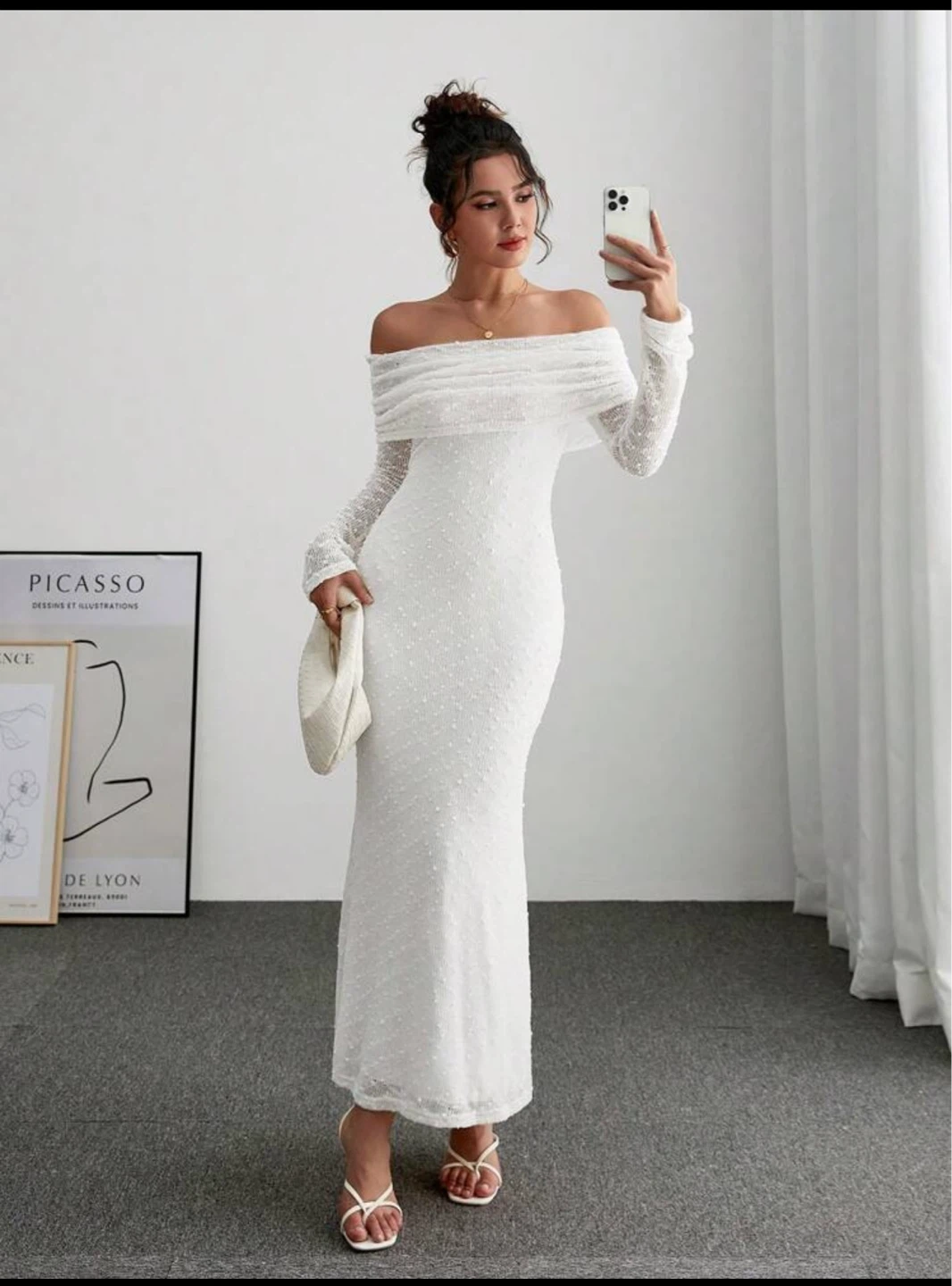 White Off-the-Shoulder Long Sleeve Maxi Dress - photo 2