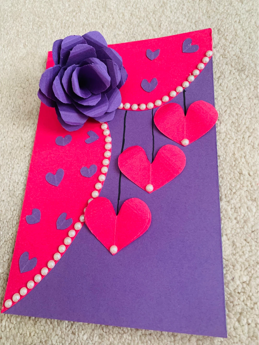 Handmade Purple and Pink Card with Flower and Hearts