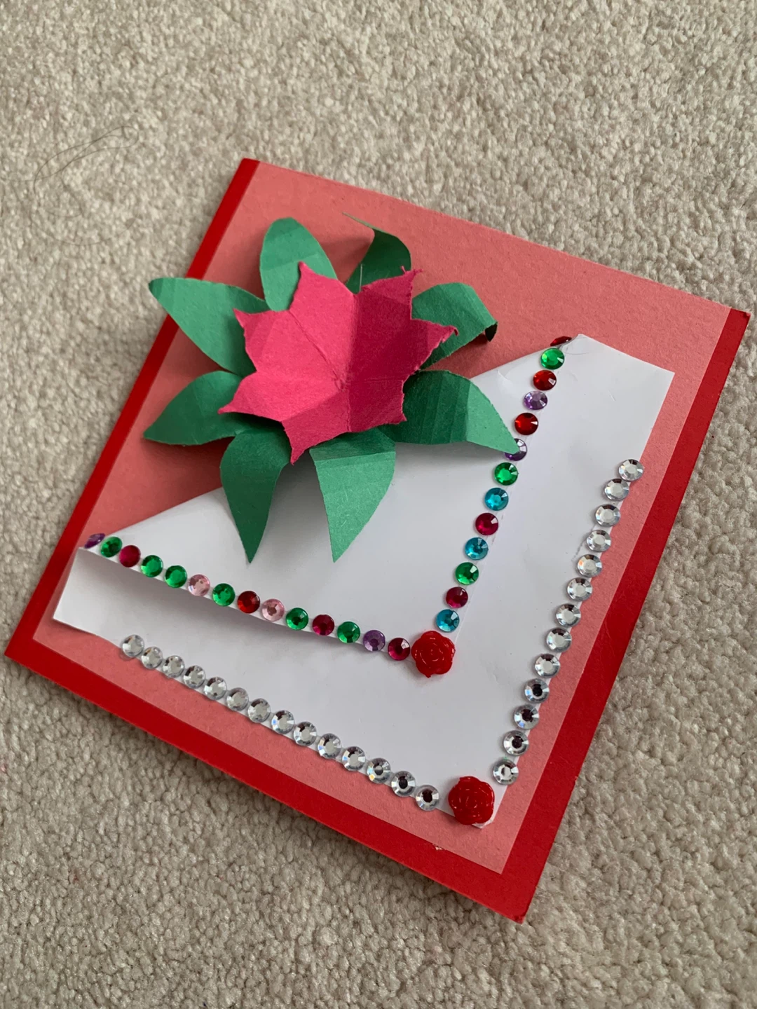 Handmade Card with Rhinestones and Paper Flower