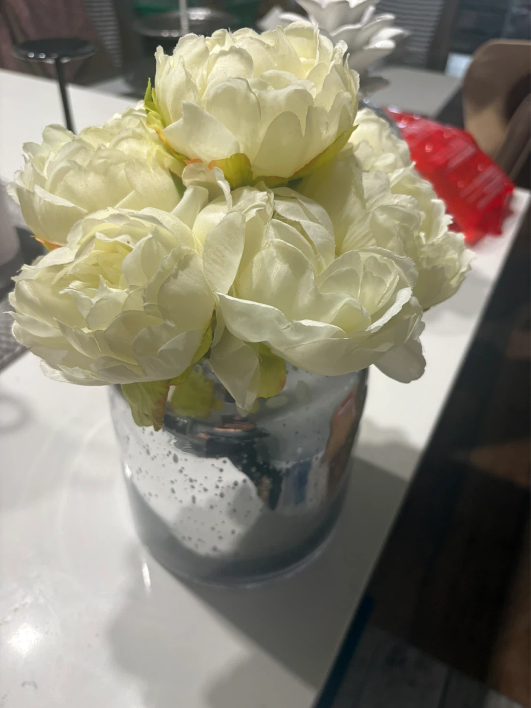 Faux Peony Floral Arrangement in Mercury Glass Vase