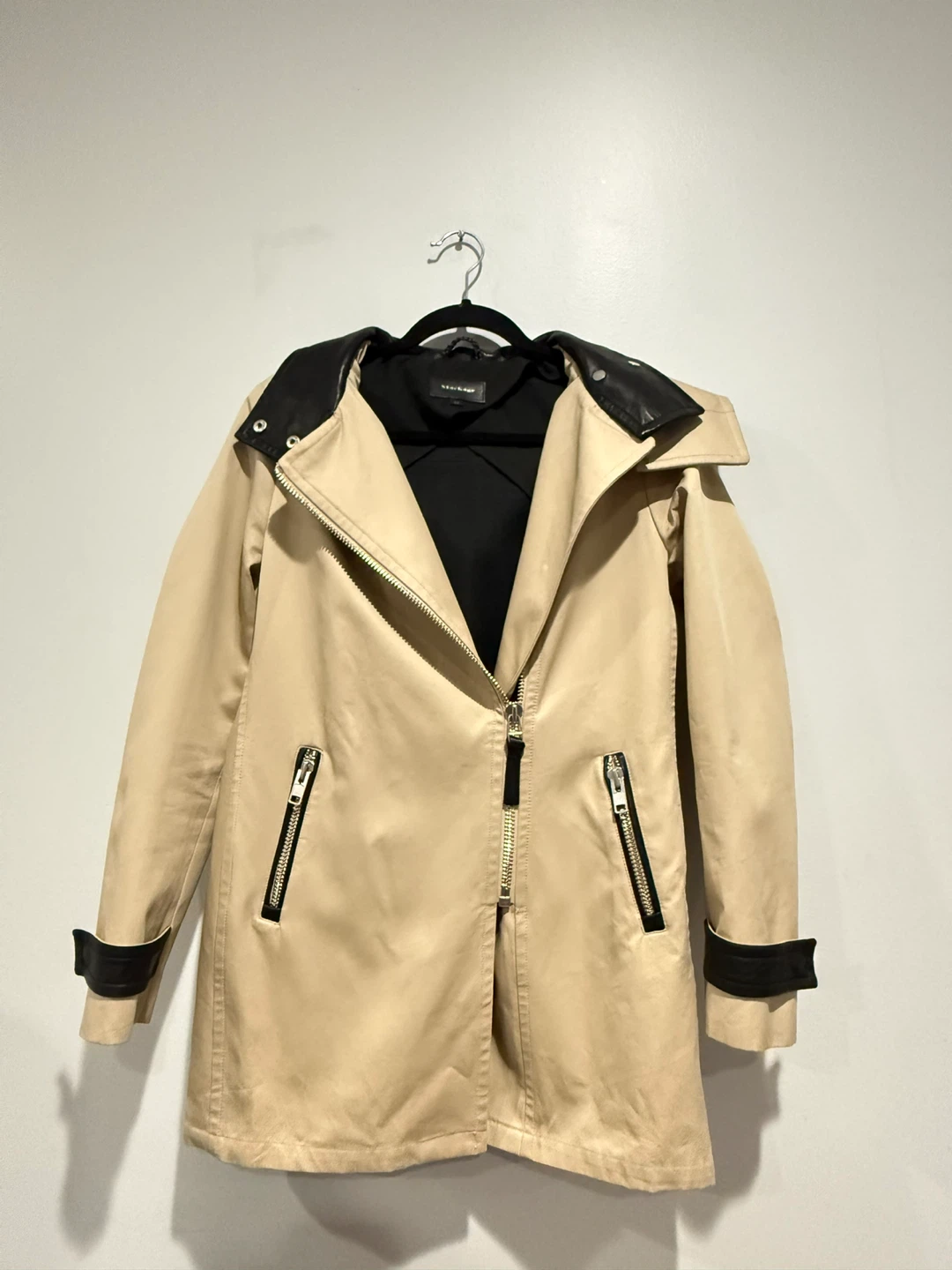 Mackage Beige Trench Coat with Black Leather Accents