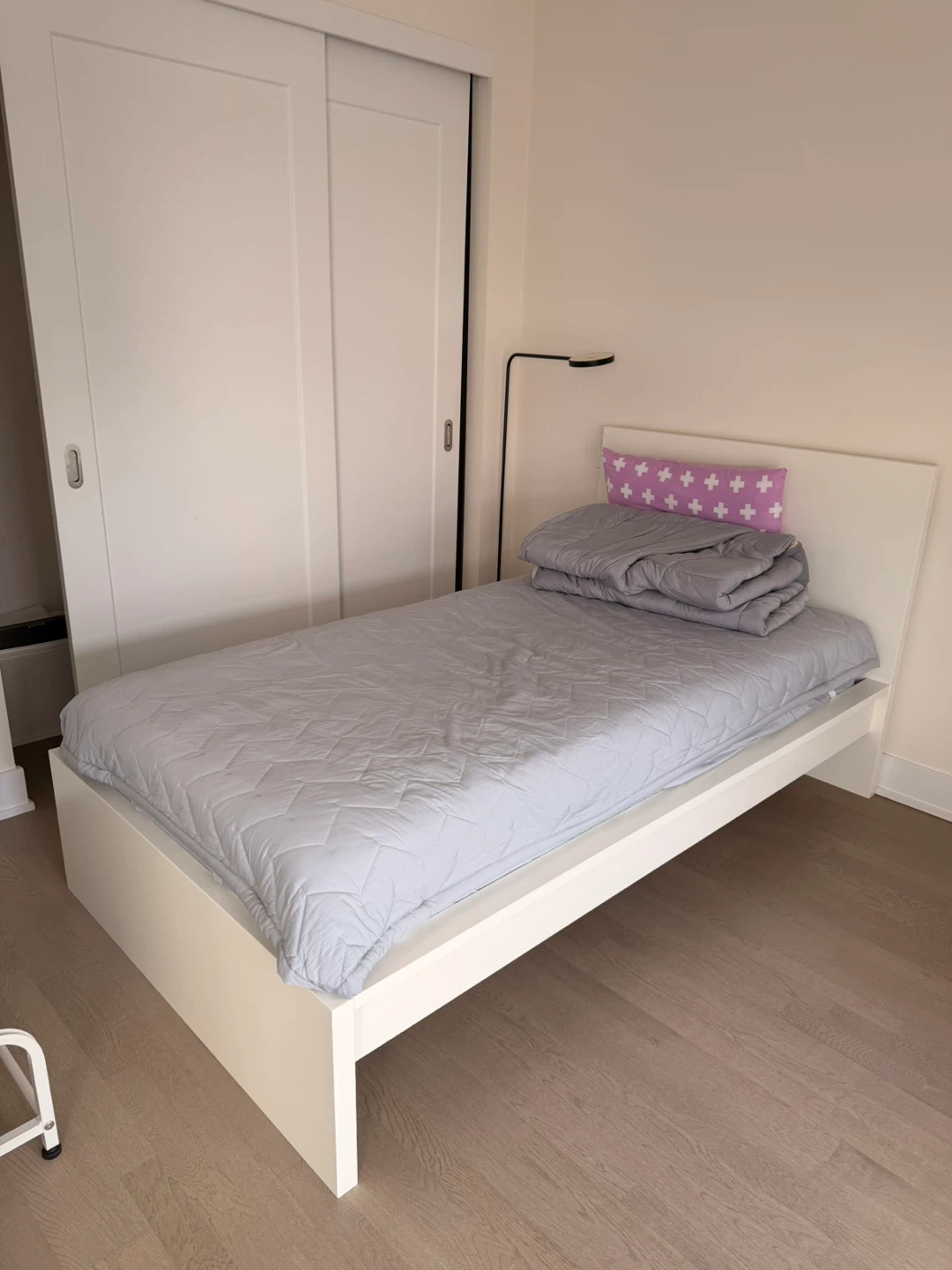 IKEA white single bed frame + mattress + grey mattress cover
