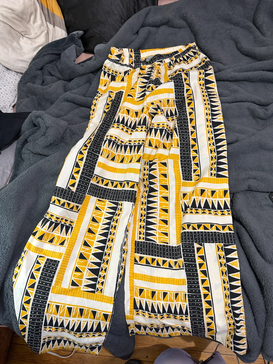 Yellow, Black, and White Patterned Wide-Leg Pants