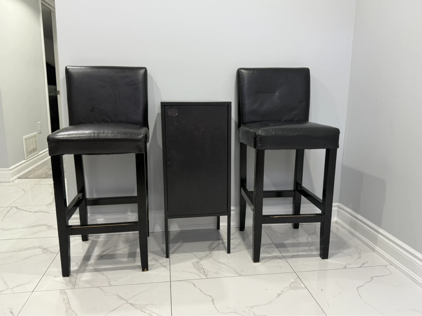 Modern Black Bar Stools (Pair) with Matching Storage Cabinet