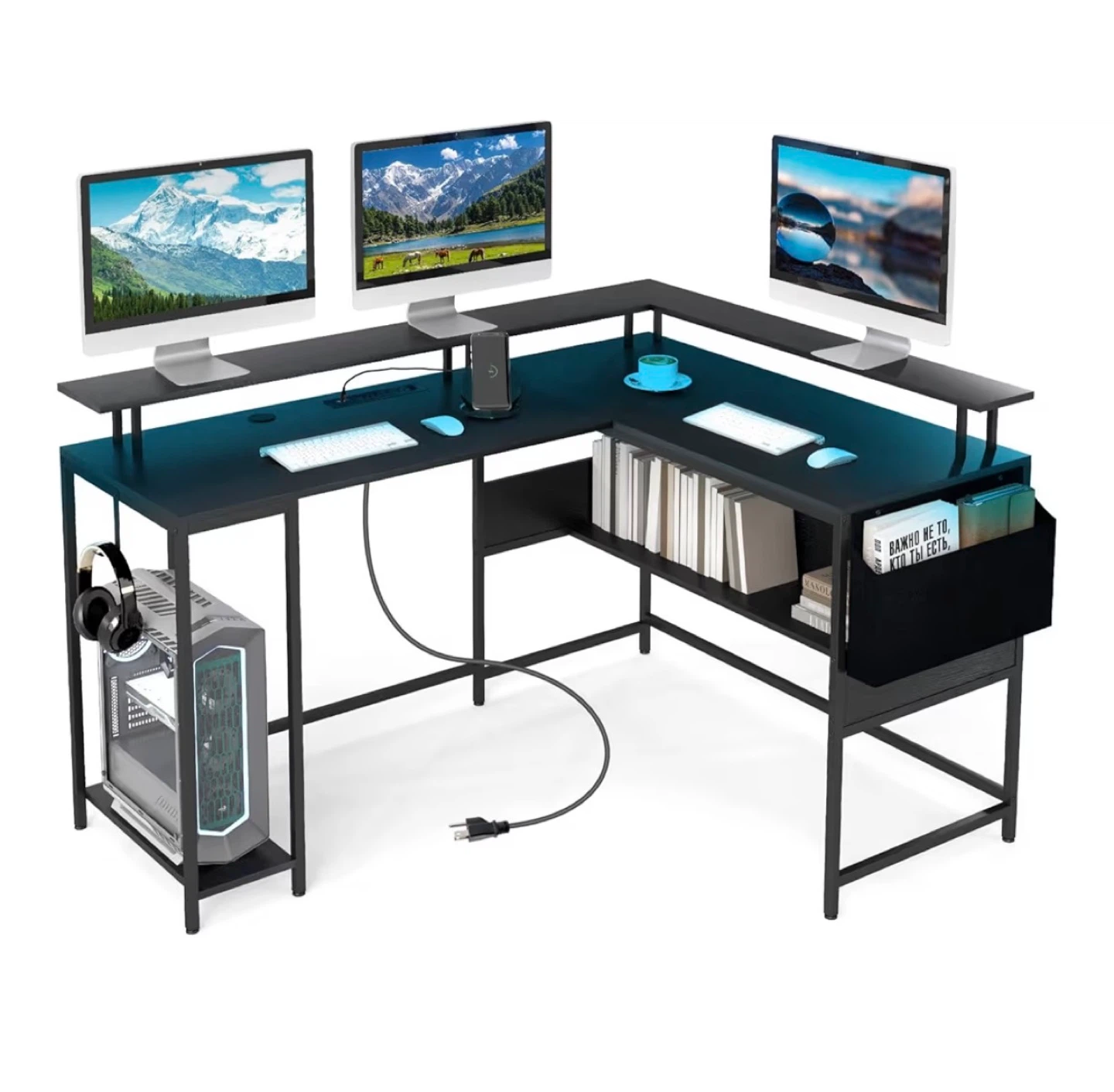 Black L-Shaped Computer Desk with Shelves - photo 4
