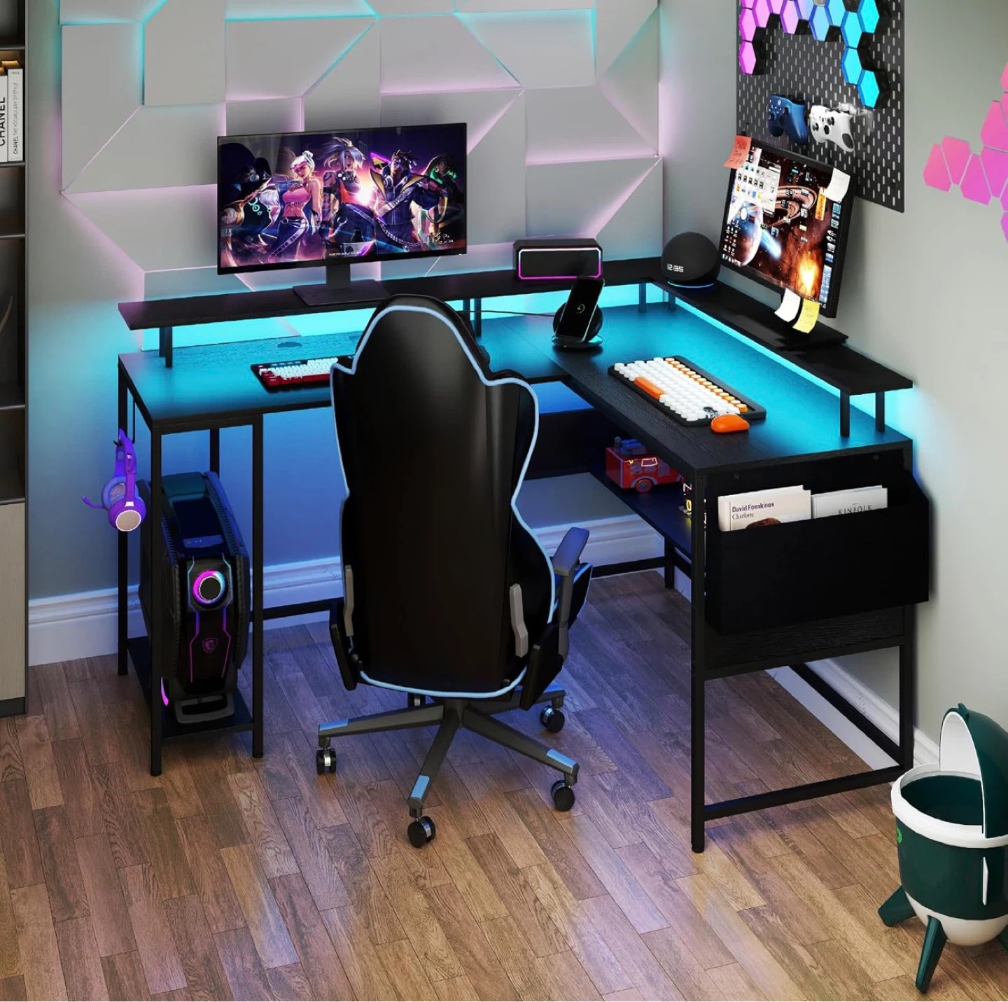 Black L-Shaped Computer Desk with Shelves - photo 5
