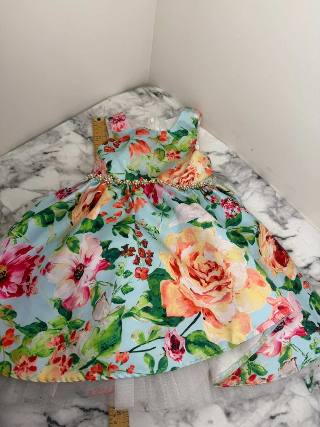 Floral Print Dress with Pearls 4-5T