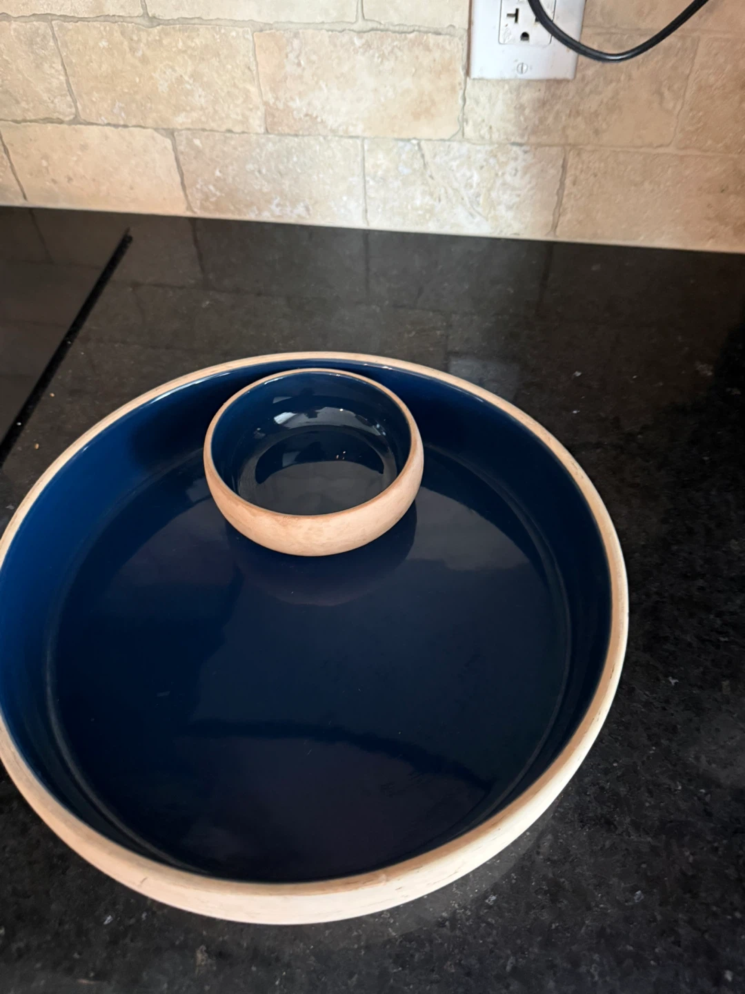 Blue and wood chip and dip platter