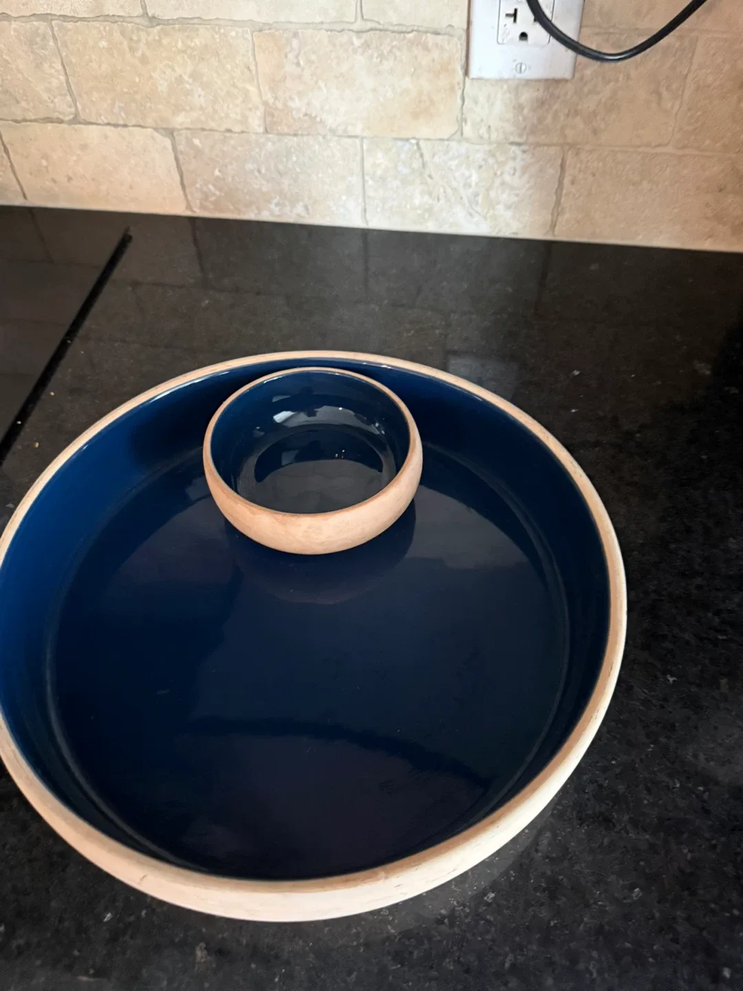 Blue and wood chip and dip platter