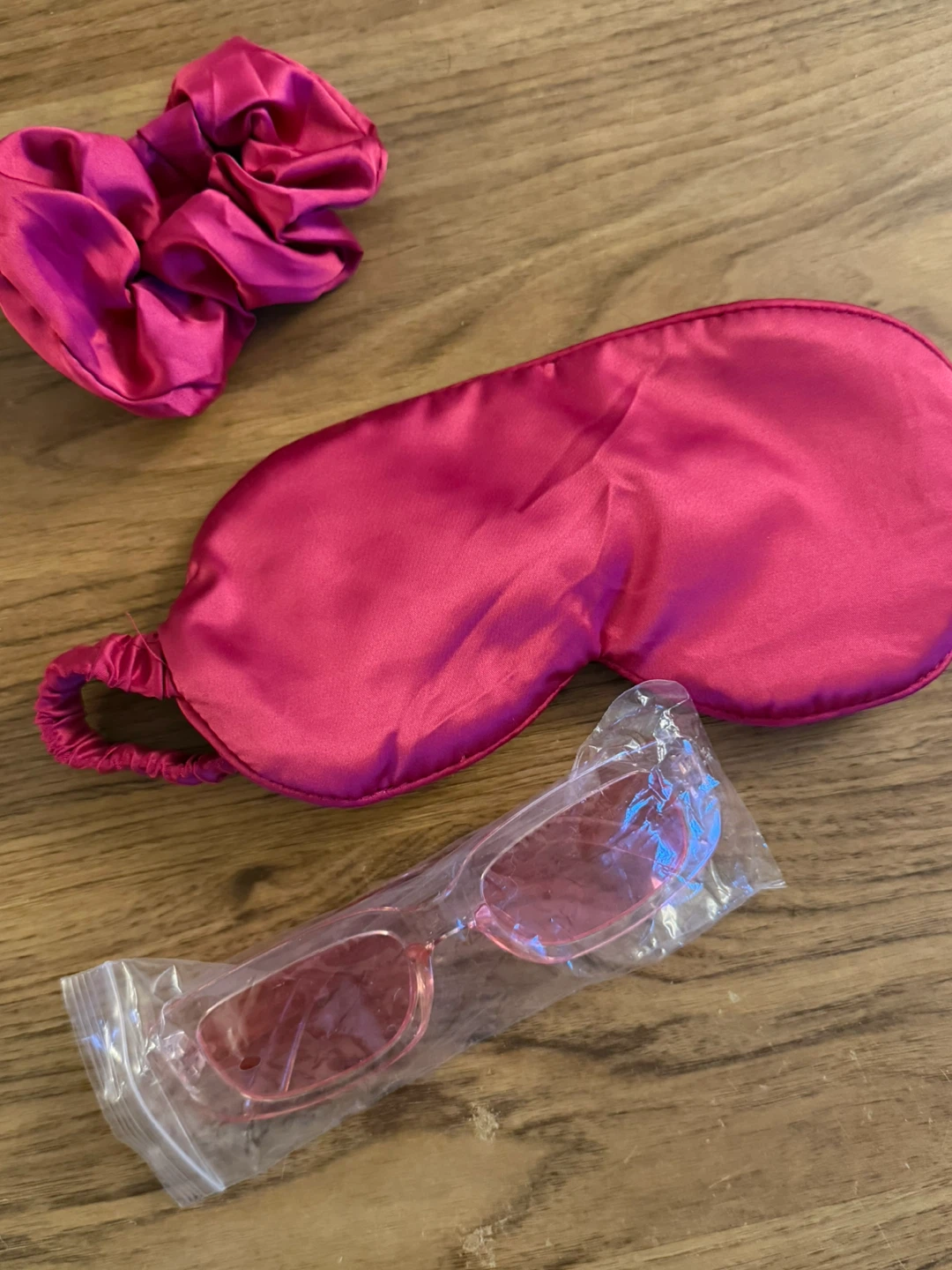 Pink Satin Sleep Mask & Scrunchie Set with Sunglasses