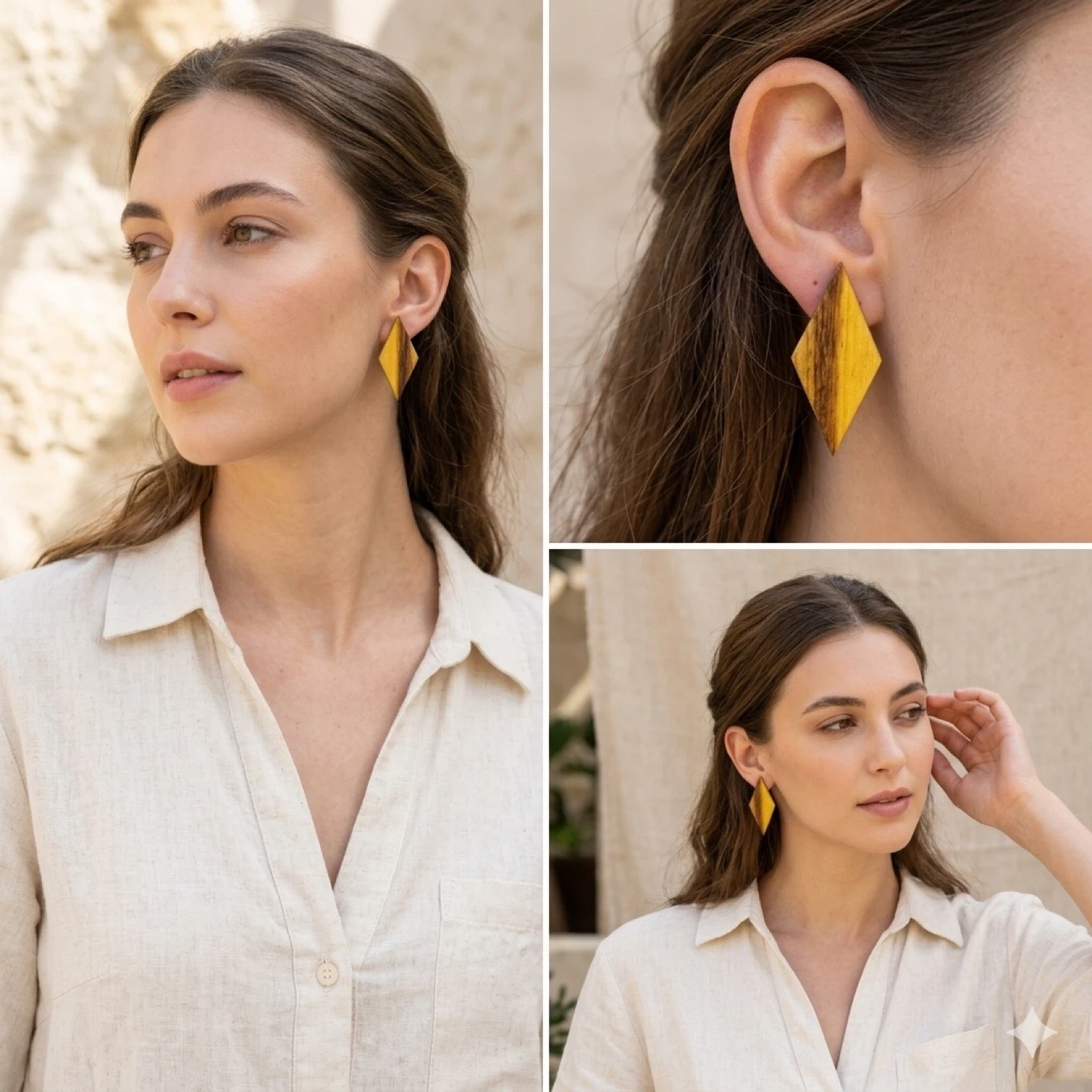 Vintage Handmade Wooden Diamond Earrings Geometric Natural Wood