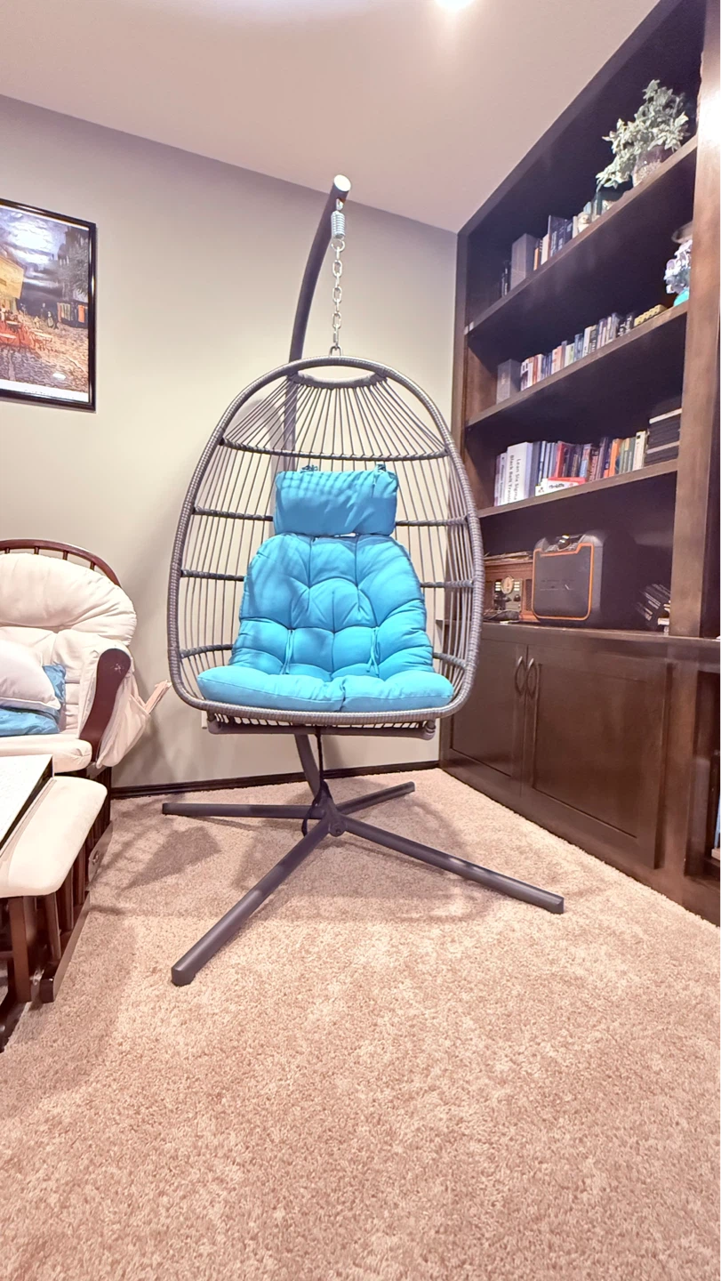 Hanging Egg Chair with Blue Cushion