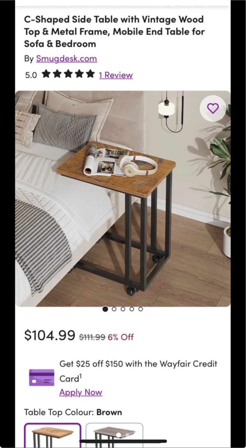 C-Shaped Side Table with Vintage Wood Top & Metal Frame