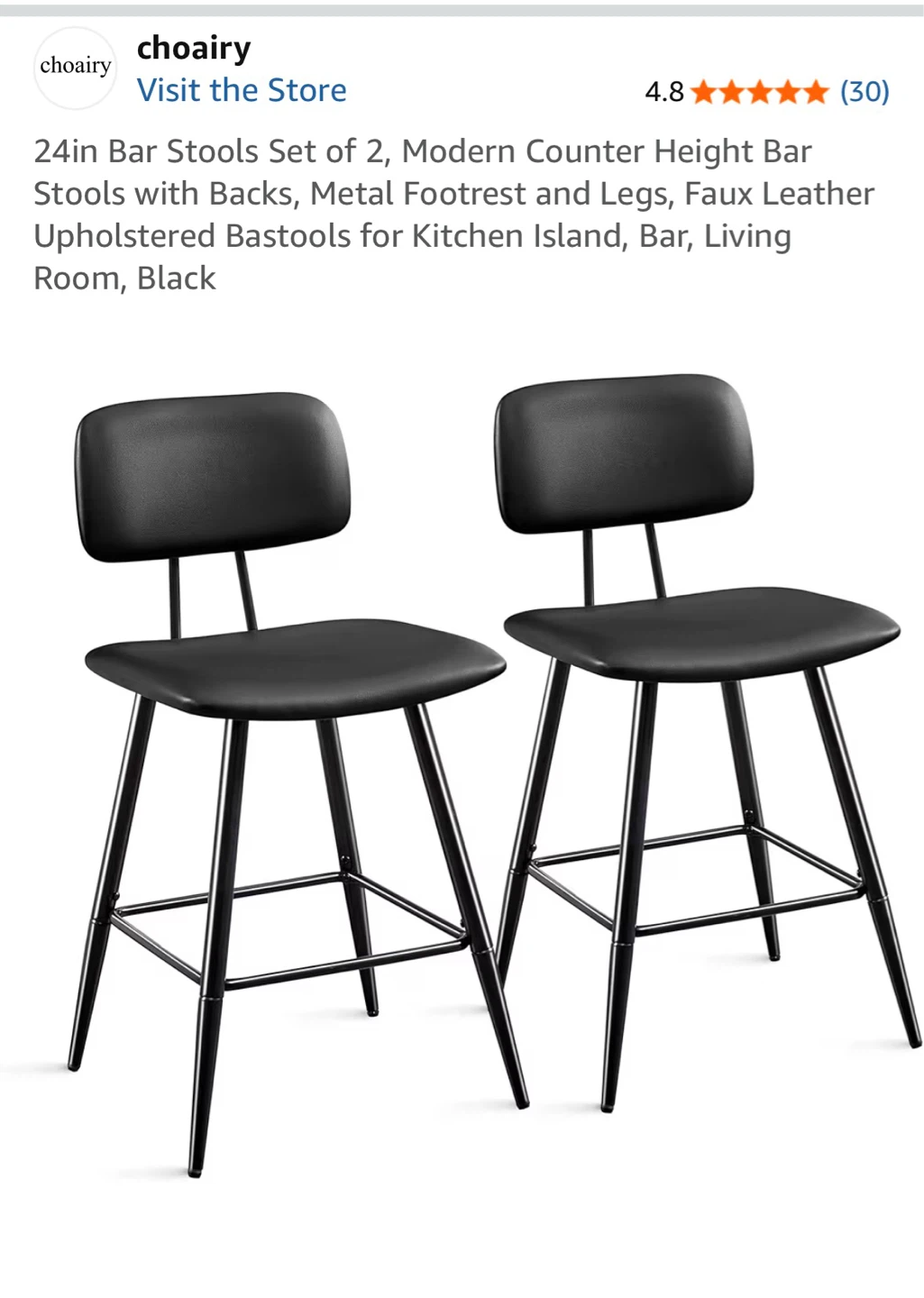 24in Black Bar Stools Set of 2 with Backs