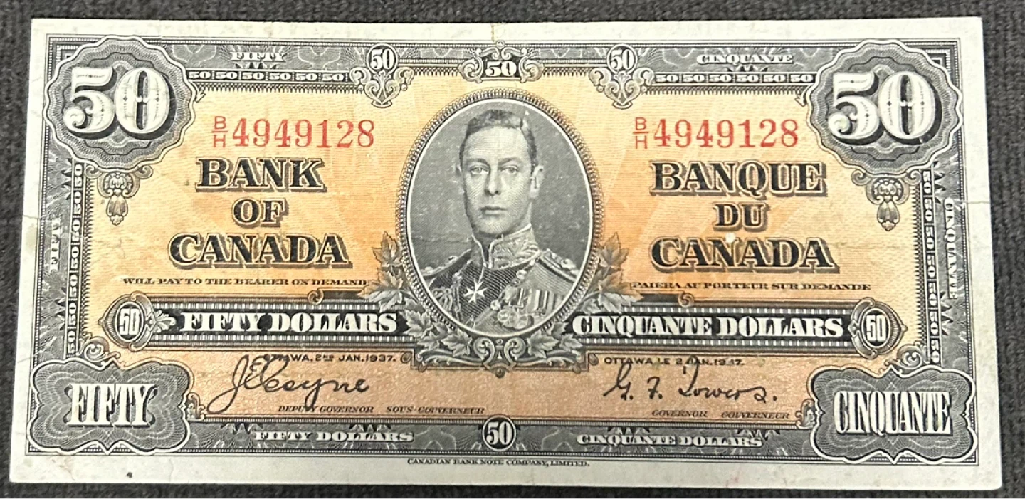 1937 Bank of Canada $50 Note King George VI Rare Large Size