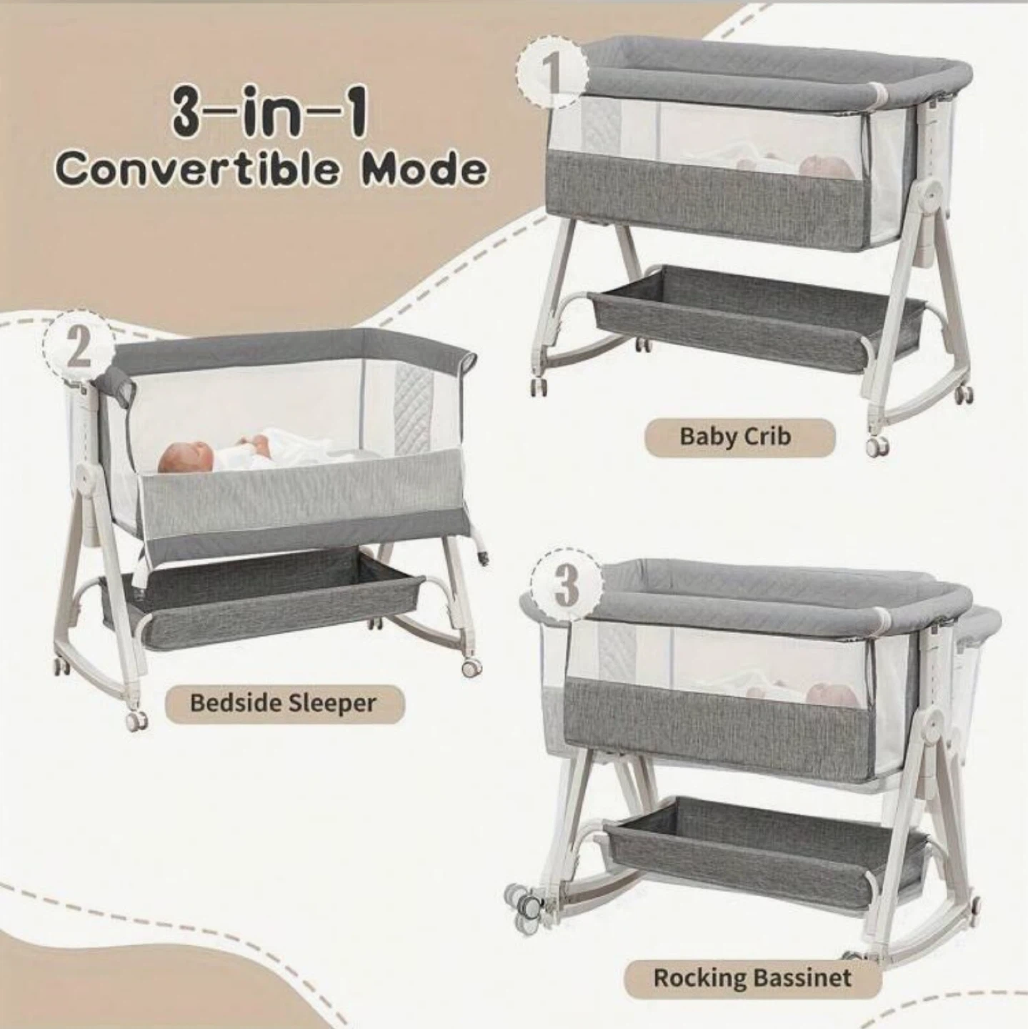 3-in-1 Convertible Baby Crib Bassinet - photo 2