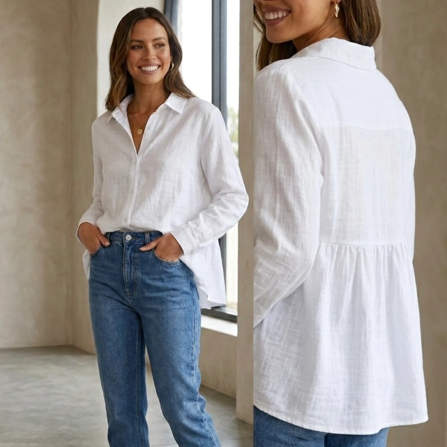 White Linen Look Button Up Shirt Babydoll Back Blouse Size L