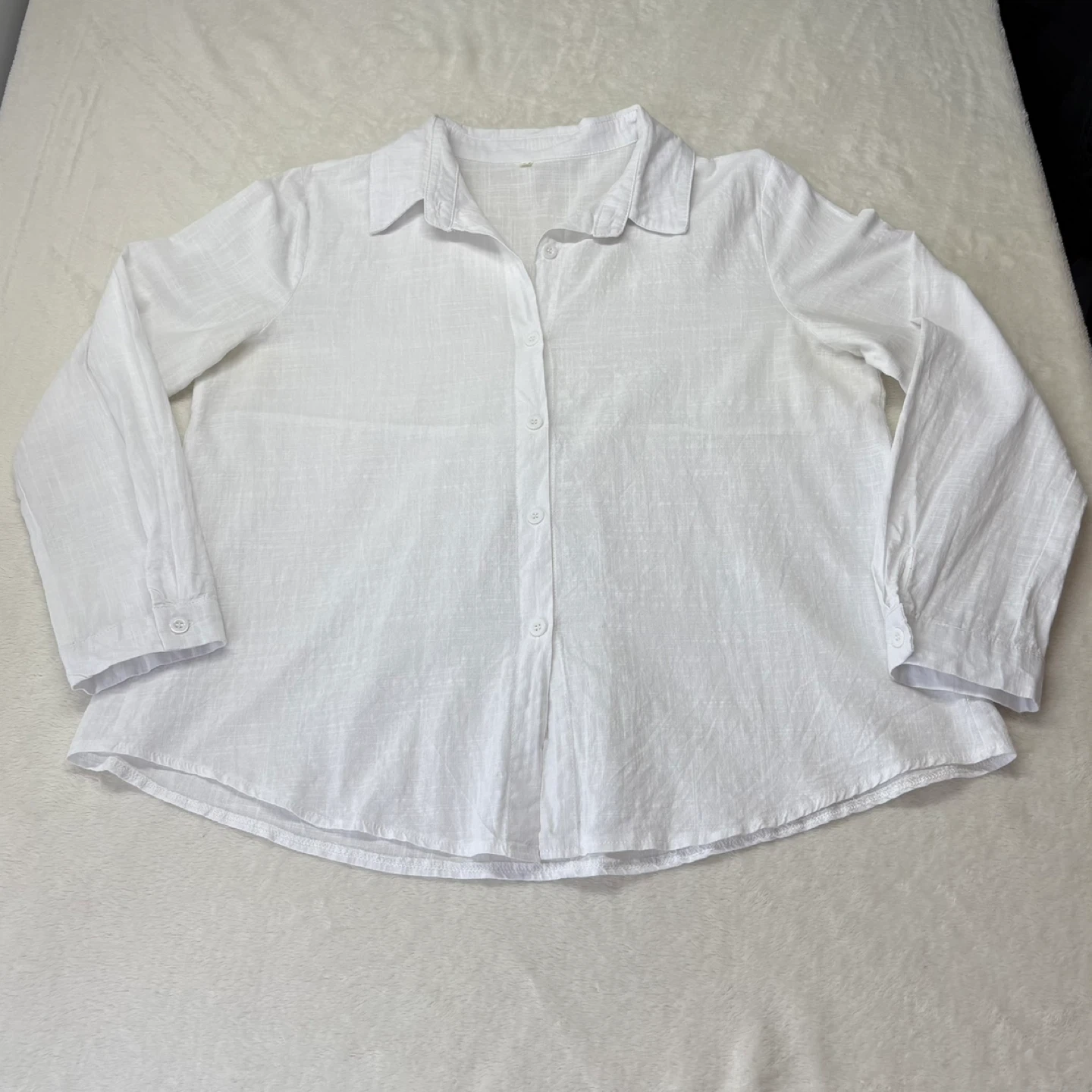 White Linen Look Button Up Shirt Babydoll Back Blouse Size L - photo 2